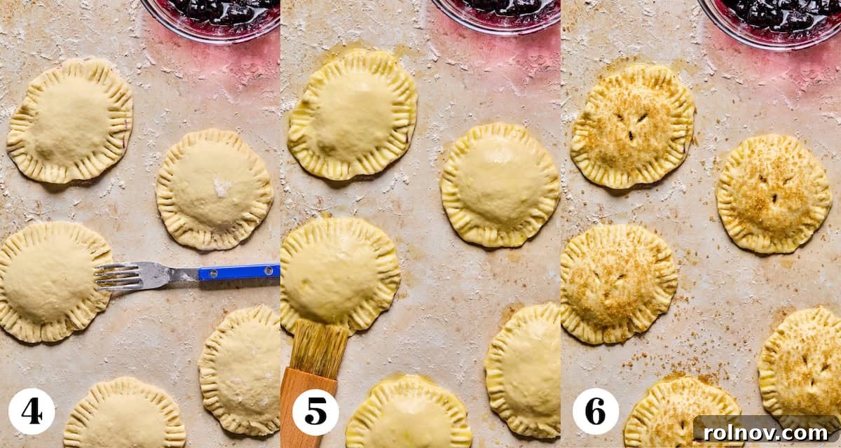 Crispy Air-Fried Blueberry Turnovers 14 Step-by-step visuals showing how to crimp hand pie edges with a fork and brush with egg wash for a golden finish.