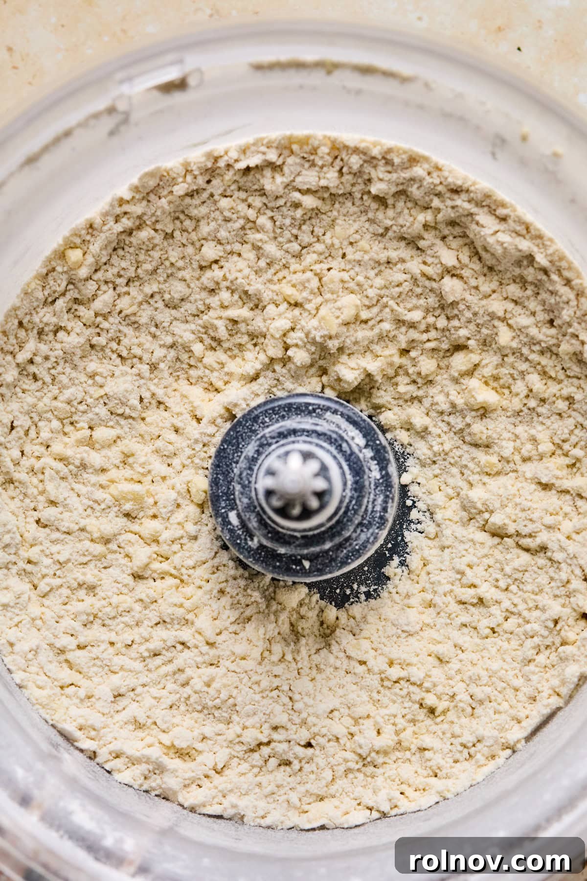 Crispy Air-Fried Blueberry Turnovers 5 The combined flour and butter mixture in the food processor, now crumbly.