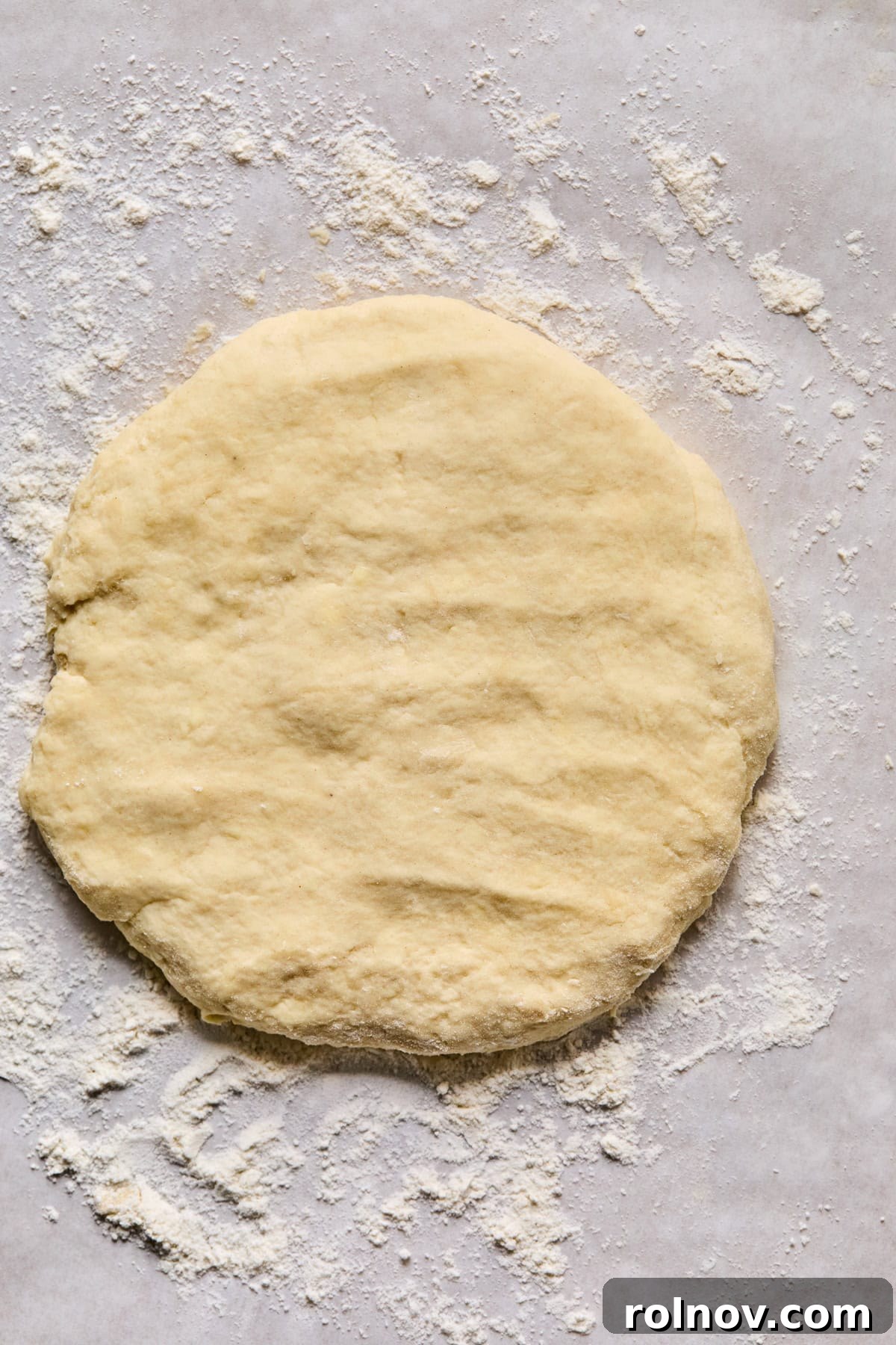 Crispy Air-Fried Blueberry Turnovers 8 A smooth, round disc of pie crust dough rolled out on a lightly floured surface.