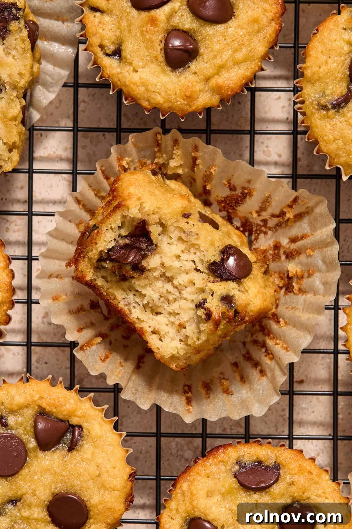 Tender Almond Banana Muffins 2 Overhead view of almond flour banana bread muffins with bite taken out of one muffin to show texture.