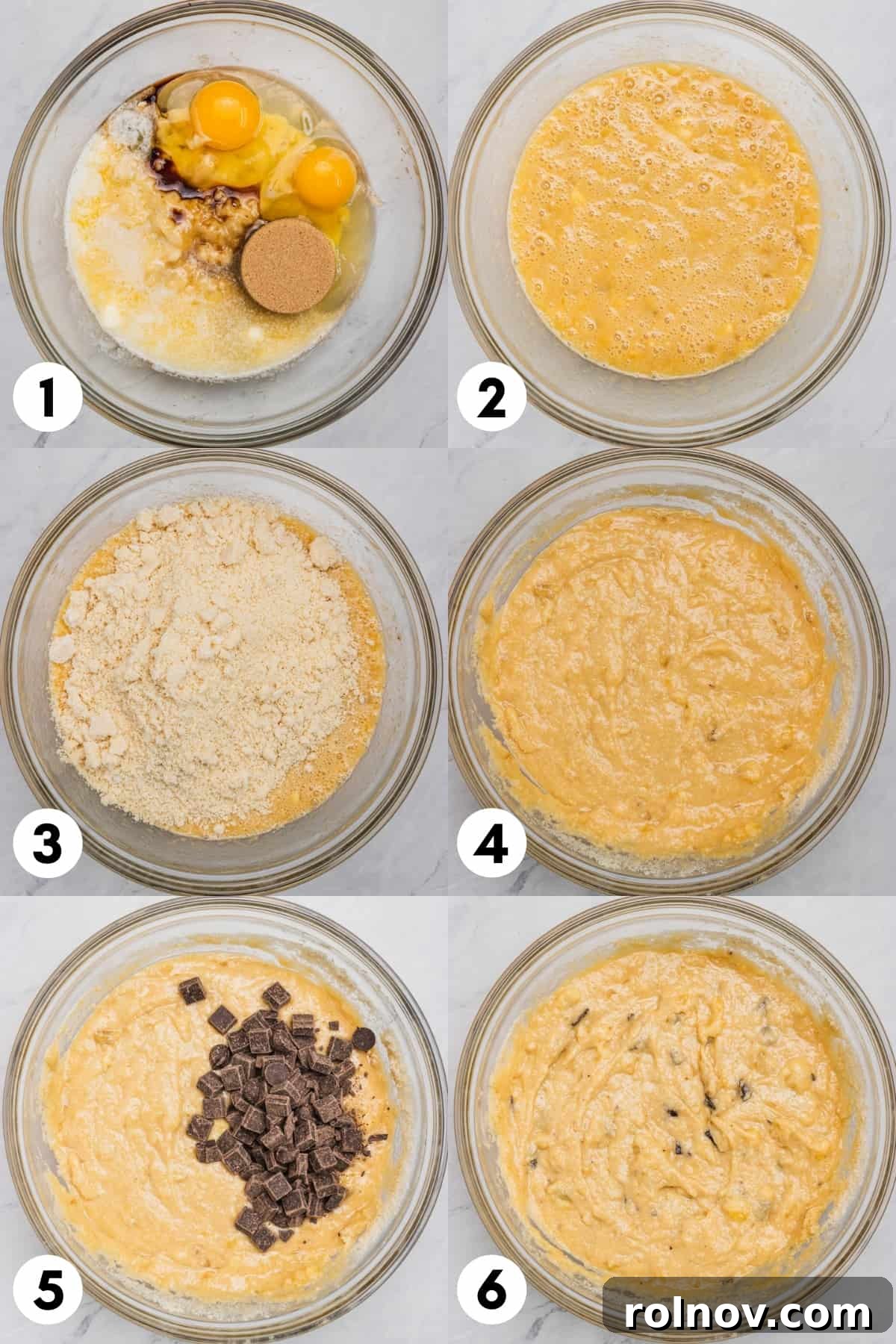Tender Almond Banana Muffins 4 Batter and ingredients in mixing bowl.
