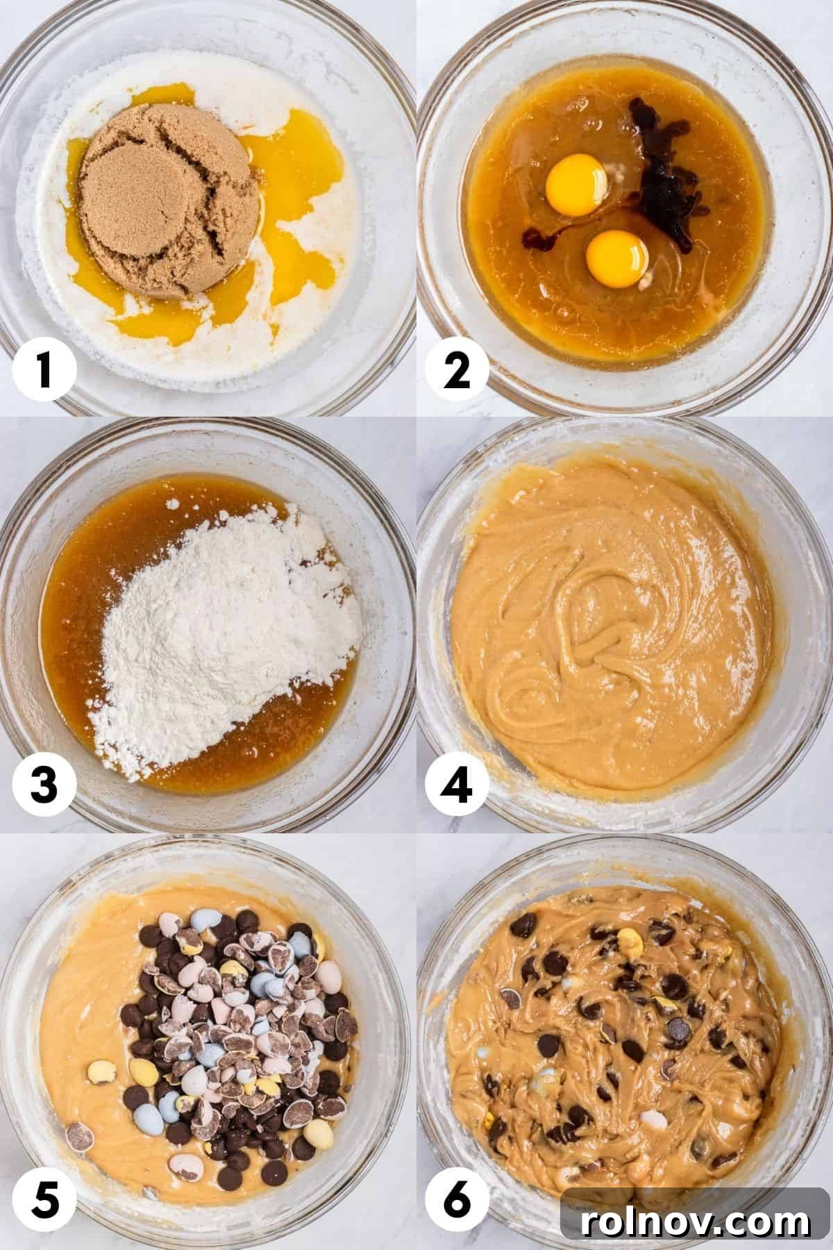 Easter Mini Egg Cheesecake Bars 5 Mixing bowl photos with brown sugar, butter, eggs and other ingredients mixed in.