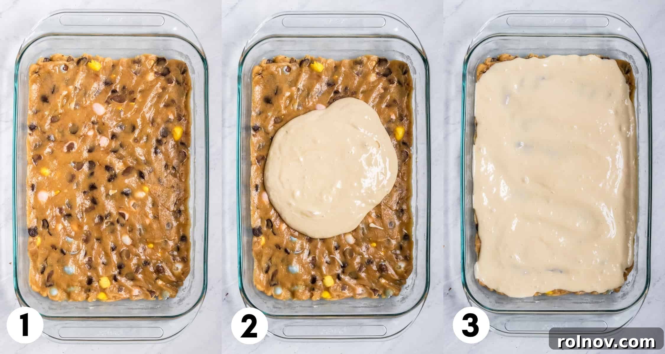 Easter Mini Egg Cheesecake Bars 7 Mini egg cookie bar dough and cheesecake layer in baking pan.