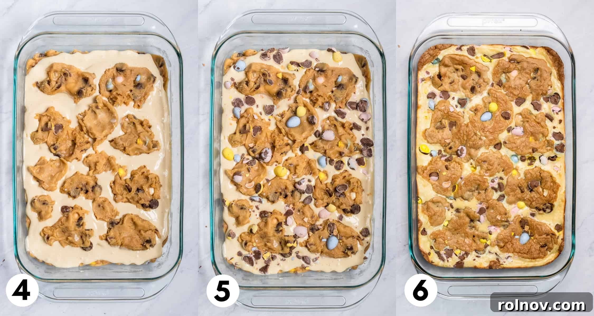 Easter Mini Egg Cheesecake Bars 8 Cookie dough layer on top of cheesecake layer in baking pan and then fully baked.