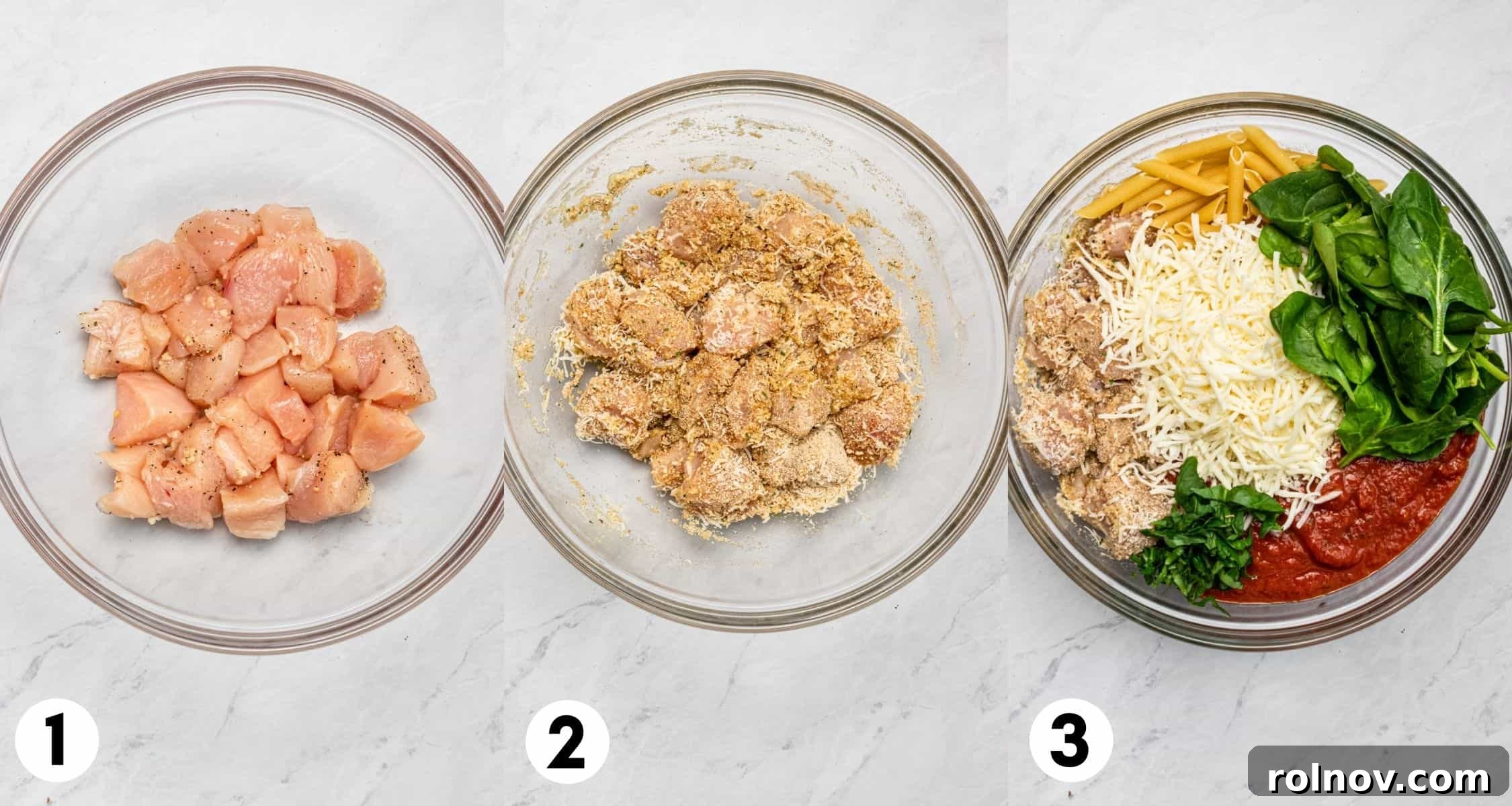 Golden Baked Chicken Parm 4 Chicken in mixing bowl tossed with breadcrumbs and parmesan. Then in another bowl with pasta, spinach and other ingredients.