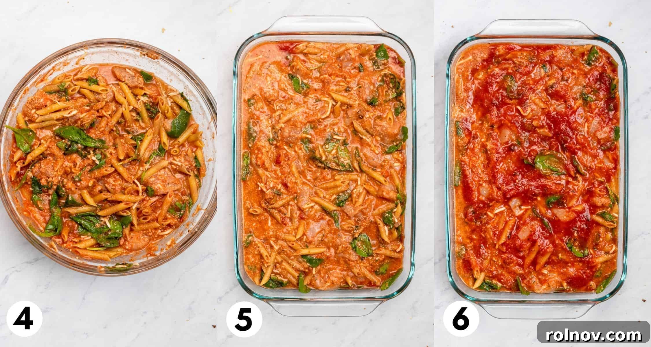 Golden Baked Chicken Parm 5 Chicken Parmesan casserole in mixing bowl and then in baking pan with extra sauce on top.