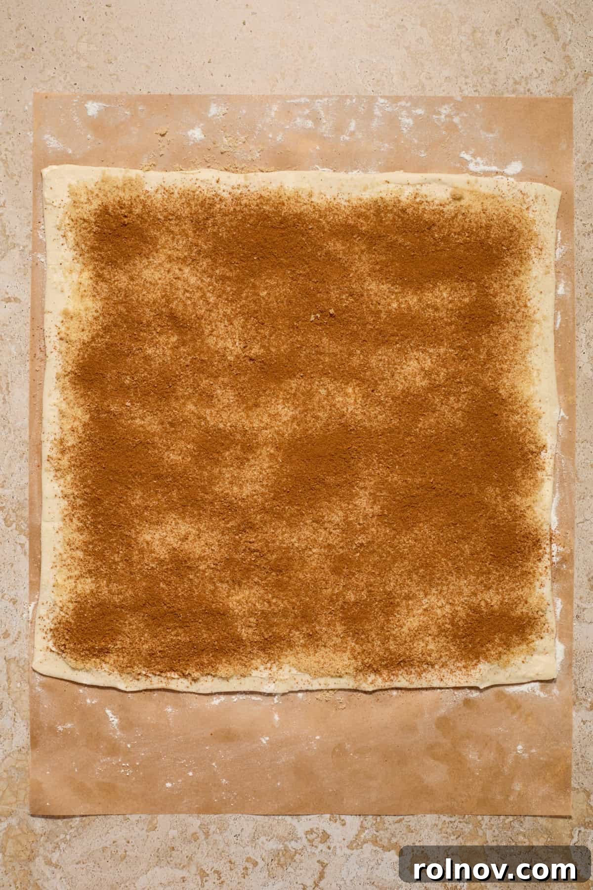 Flaky Cinnamon Swirls 6 Brown sugar and cinnamon spread on puff pastry dough.
