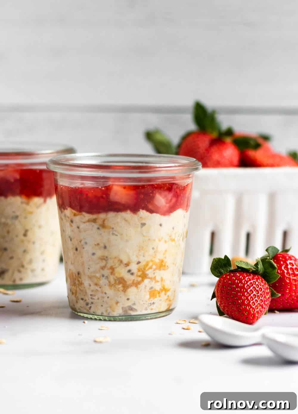 Close-up of Peanut Butter and Jelly Overnight Oats showing layers of oats, peanut butter, and fruit topping. Perfect for a healthy start to the day.