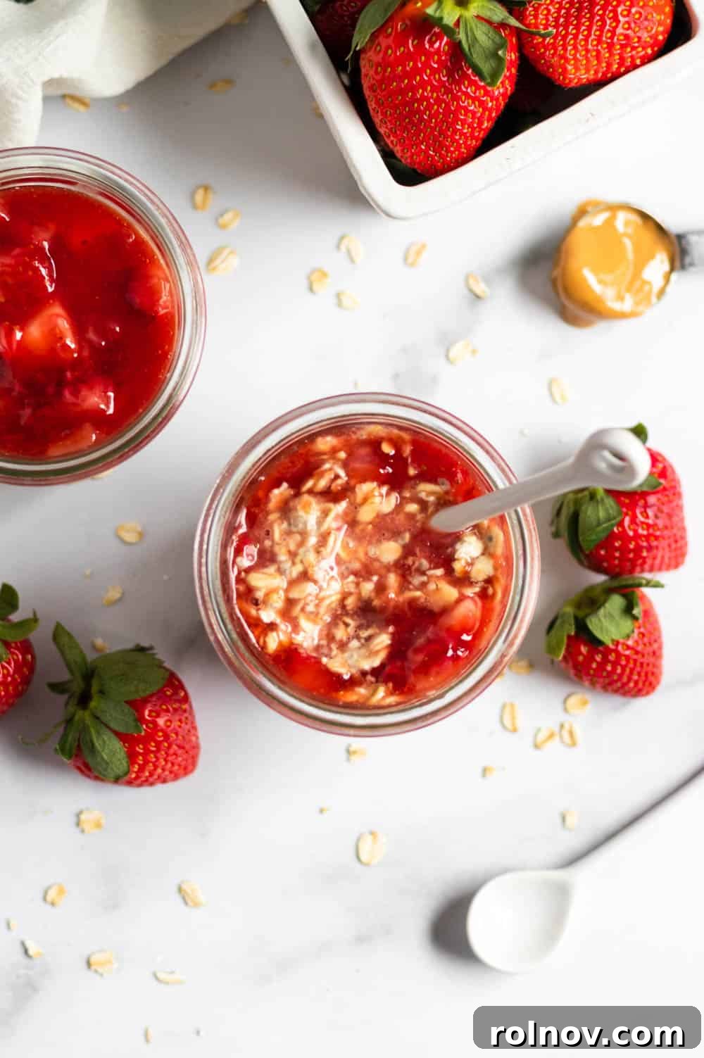 A close-up of Peanut Butter and Jelly Overnight Oats, showcasing the rich texture and vibrant colors of the ingredients, a perfect meal-prep breakfast.
