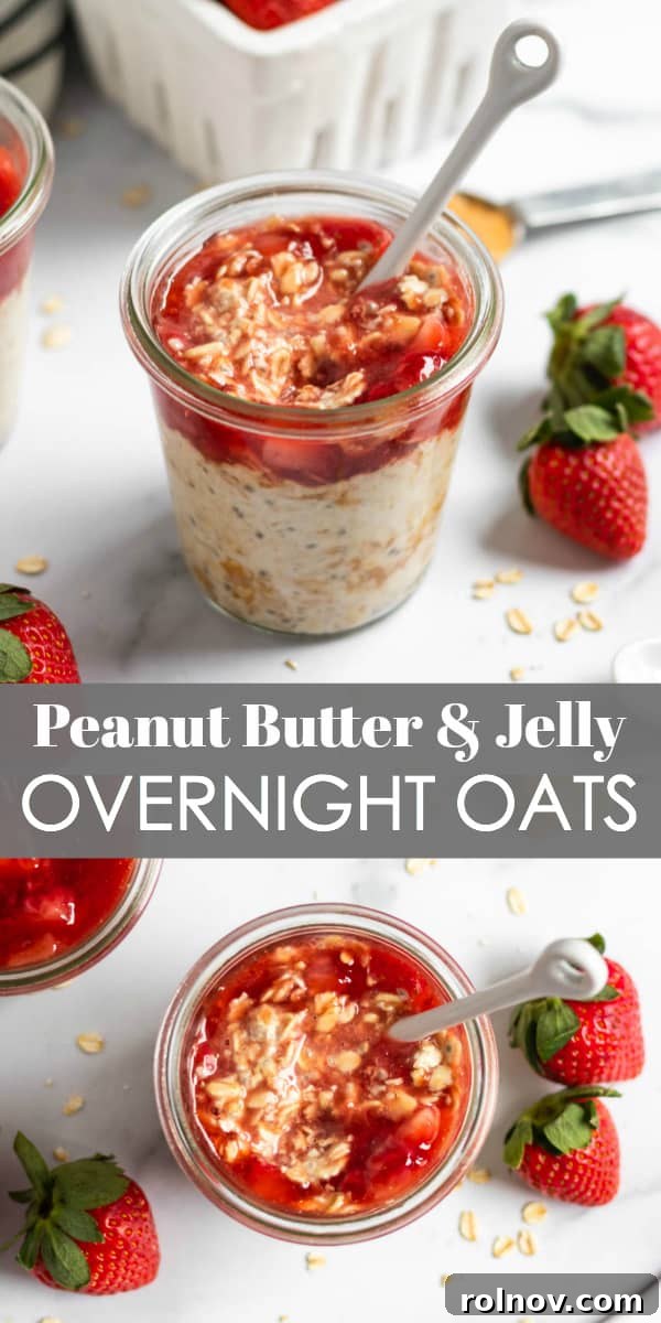 Final presentation of Peanut Butter and Jelly Overnight Oats in a jar, beautifully layered and garnished, ready for Instagram.