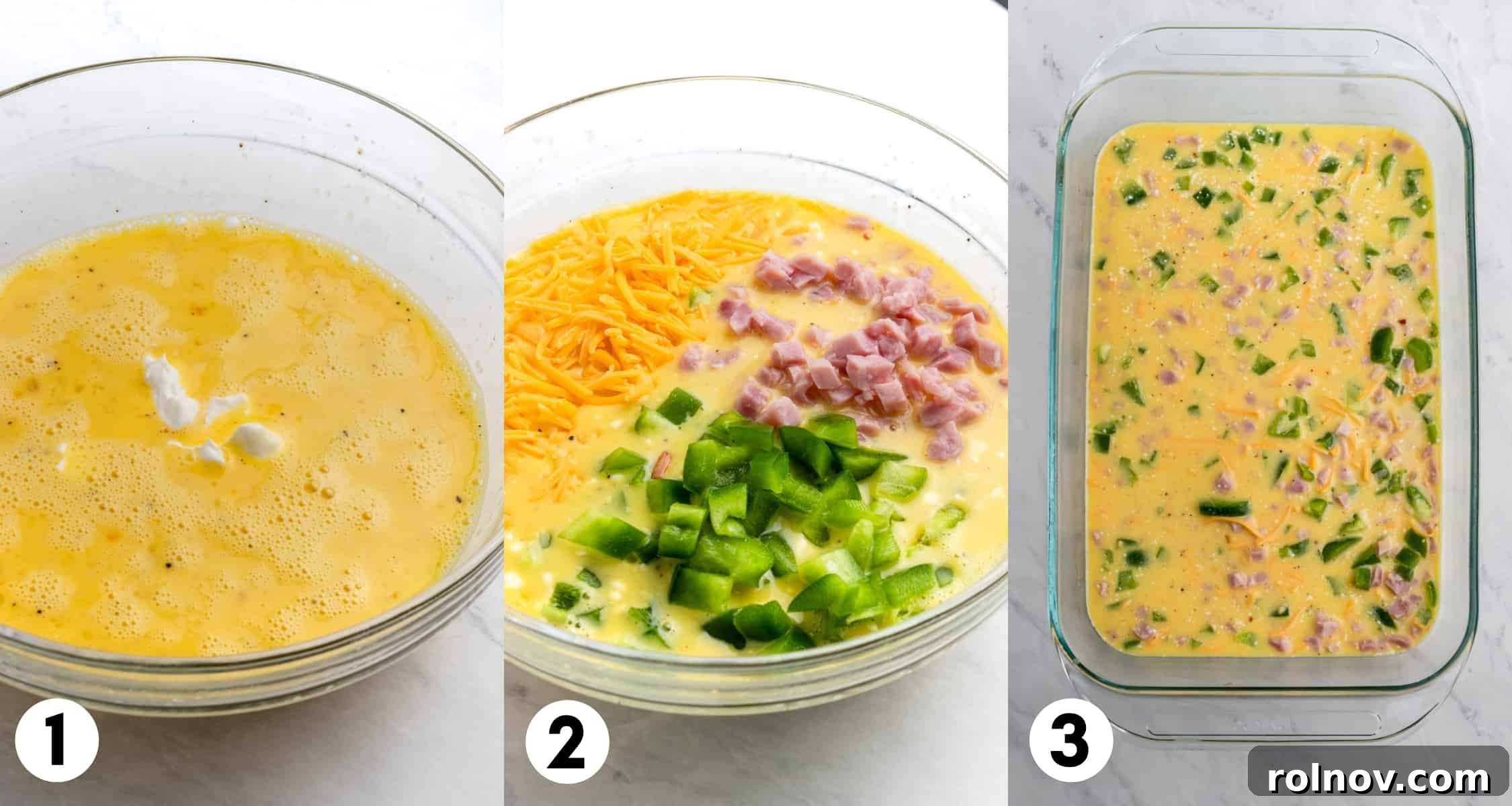 Crispy Tater Tot Breakfast Bake 4 Step-by-step imagery showing the eggs, pepper, ham, and cheese being mixed in a bowl, followed by the mixture poured into a baking pan, ready for the tater tot layer.