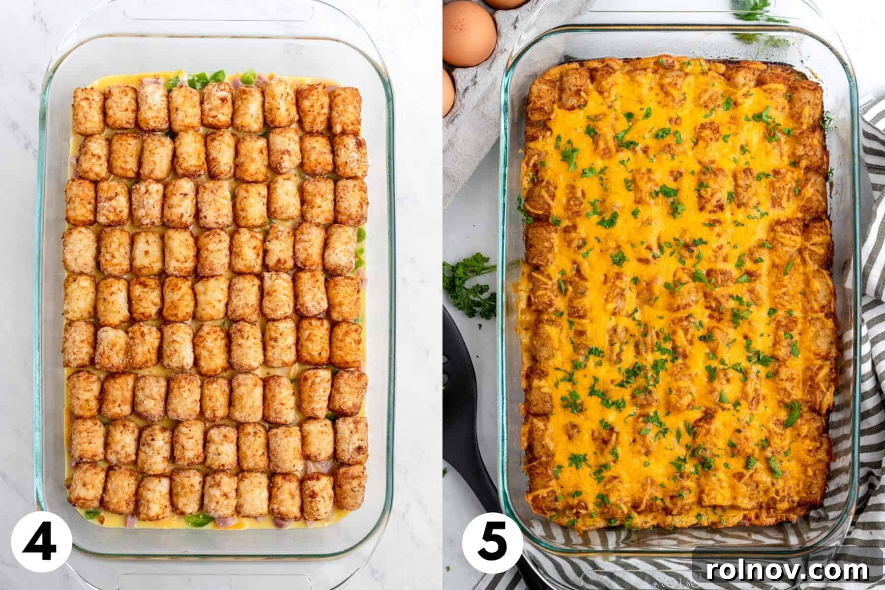 Crispy Tater Tot Breakfast Bake 5 Tater tots neatly arranged in a single layer over the egg mixture in a 9x13 inch pan, followed by the baked casserole with melted cheese on top, ready to be served.