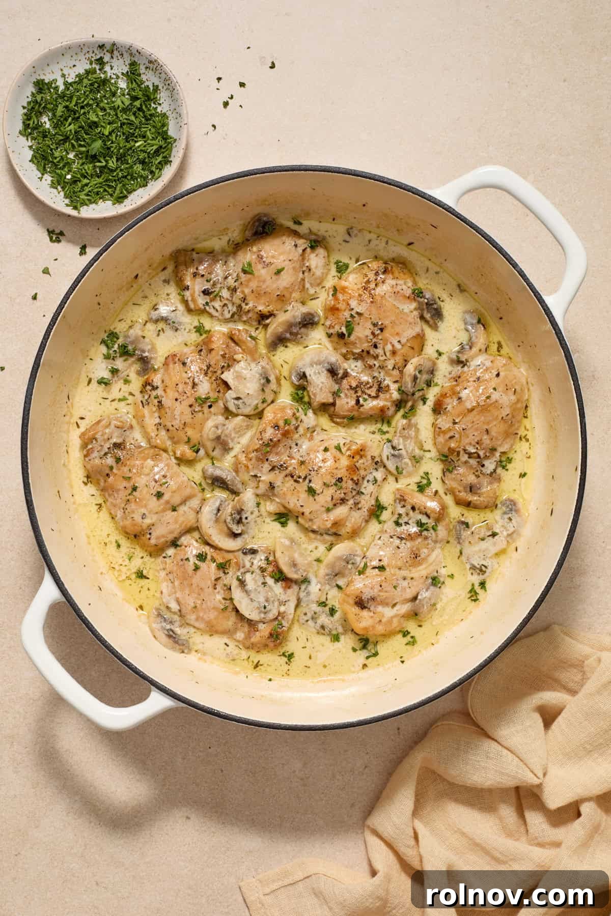Golden Chicken Thighs in Velvety Mushroom Sauce 9 Parsley sprinkled over top of chicken and cream of mushroom sauce.