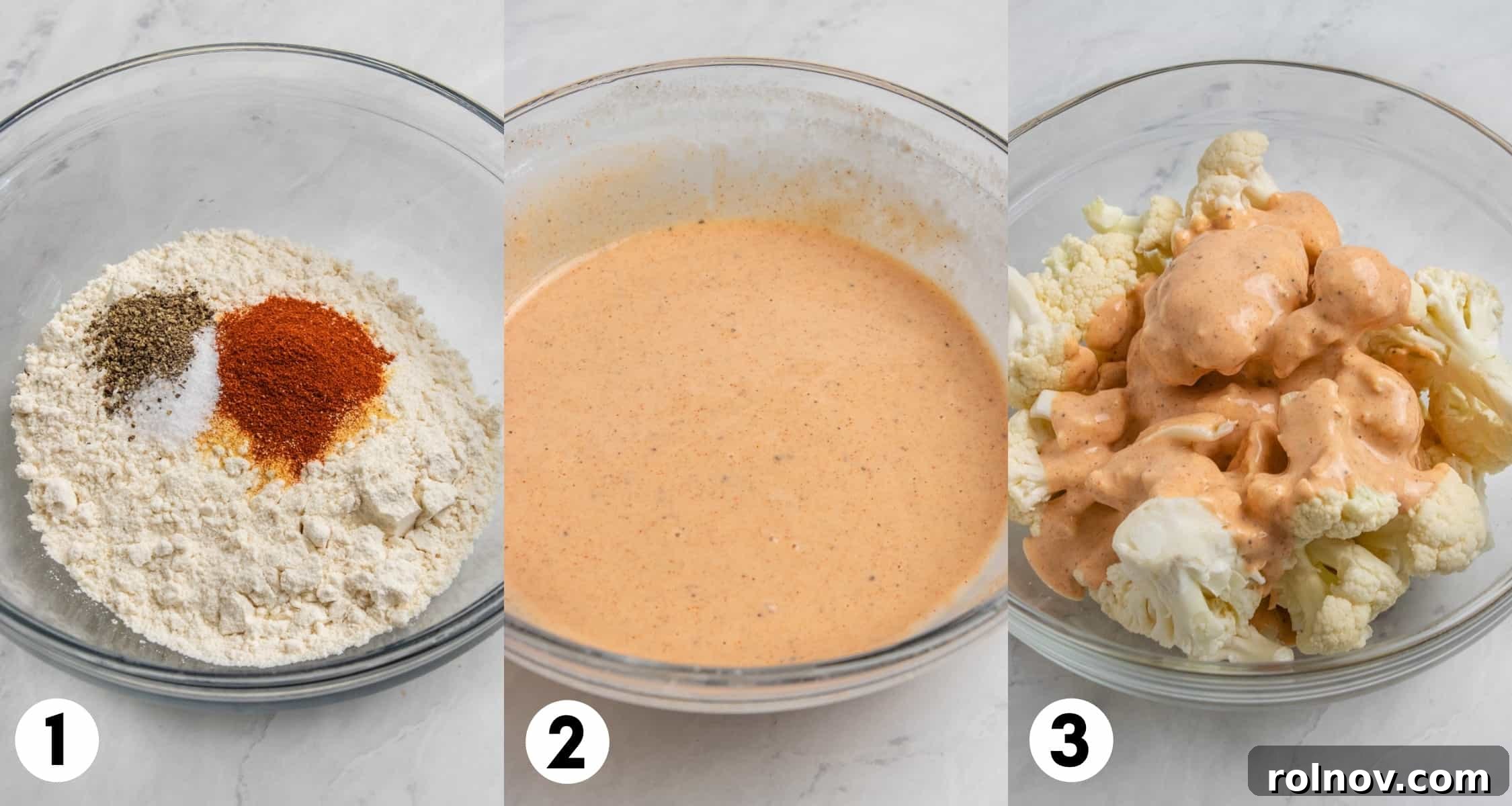 Zesty Air-Fried Buffalo Cauliflower 4 Flour and spices in bowl and then mixed with milk and poured on cauliflower.