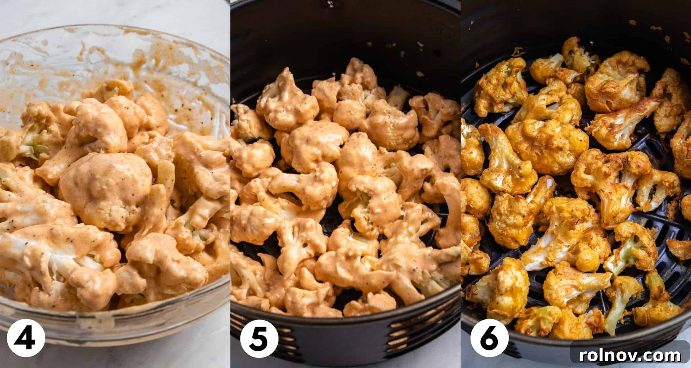 Zesty Air-Fried Buffalo Cauliflower 5 Cauliflower in air fryer with batter.