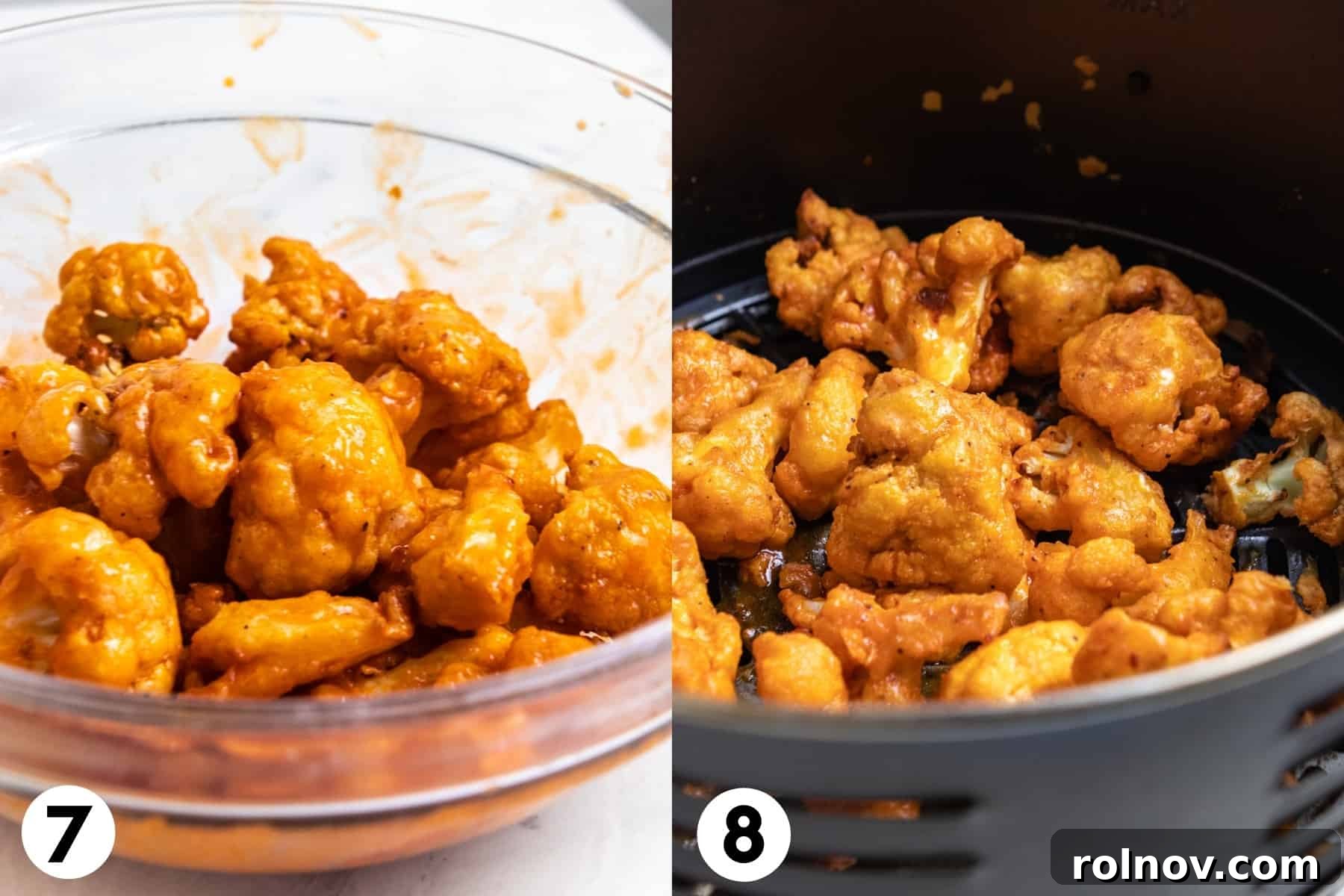 Zesty Air-Fried Buffalo Cauliflower 6 Buffalo sauce tossed with cauliflower and then added to air fryer.