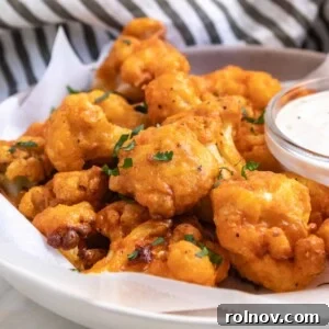 Zesty Air-Fried Buffalo Cauliflower 8 Air fryer buffalo cauliflower on plate with parsley.
