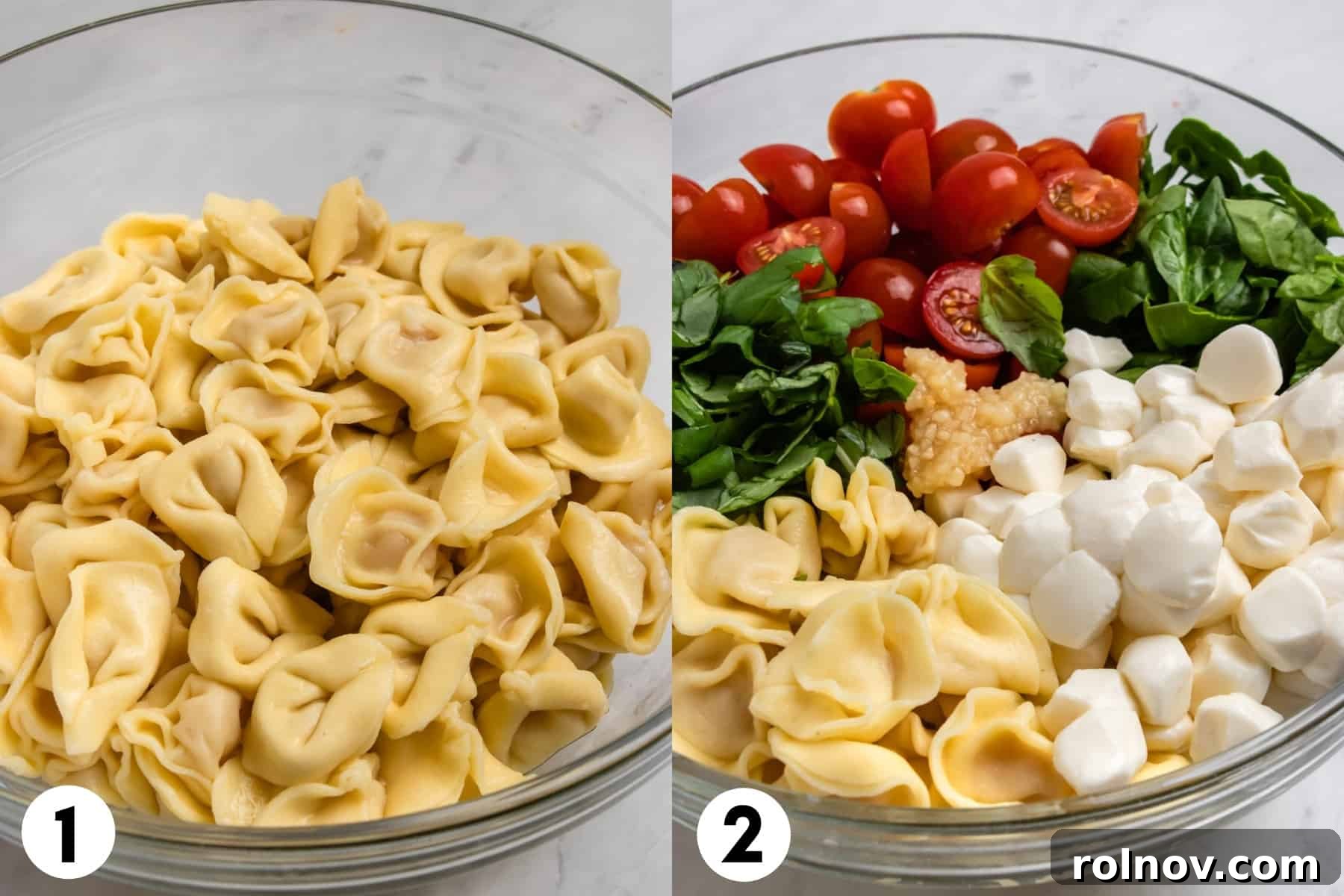 Step-by-step imagery showing pasta in a mixing bowl, then various ingredients like cheese, basil, spinach added to the pasta, illustrating the assembly of the Tortellini Caprese Salad.