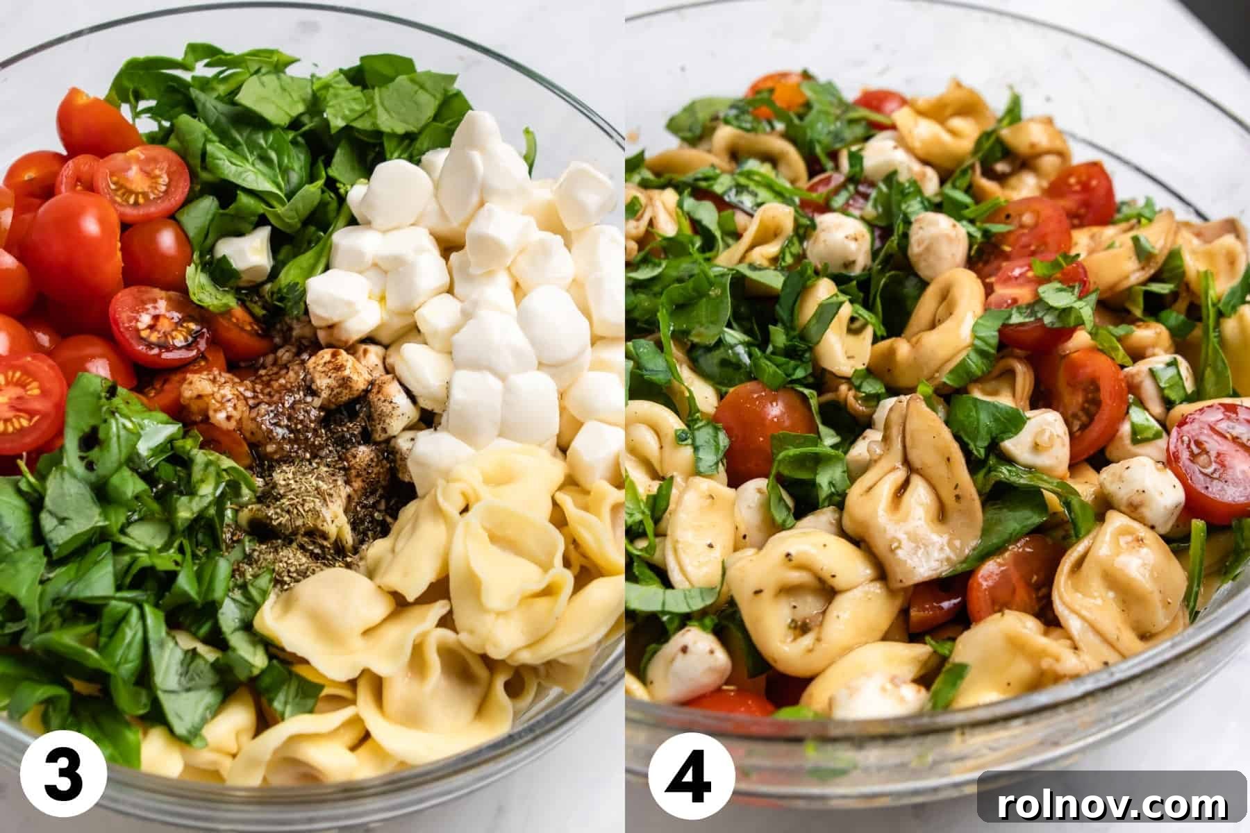 Two images side-by-side: first, the fresh ingredients for pasta salad in a glass bowl before being tossed; second, the same ingredients after being thoroughly combined, showcasing the colorful mix.