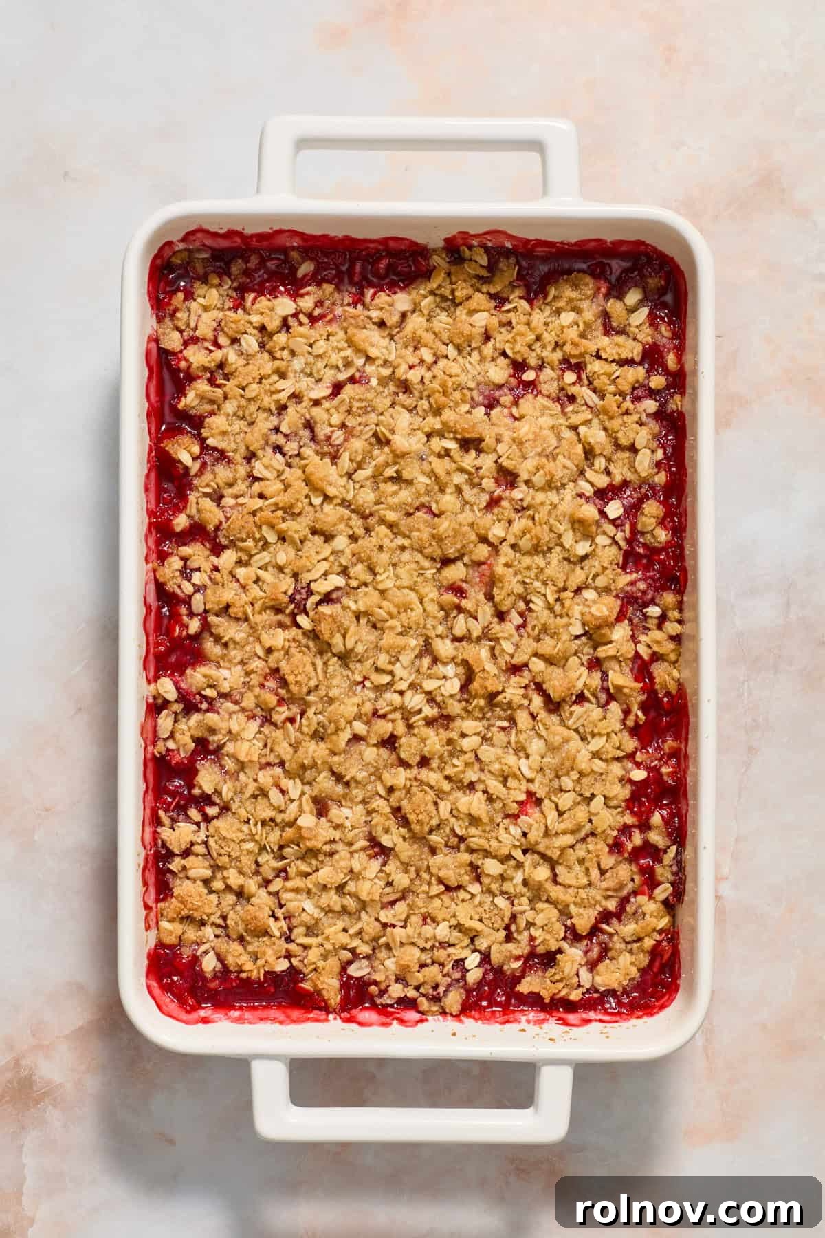 Crimson Crumble Dream 10 Strawberry crumble in baking dish just after being baked.