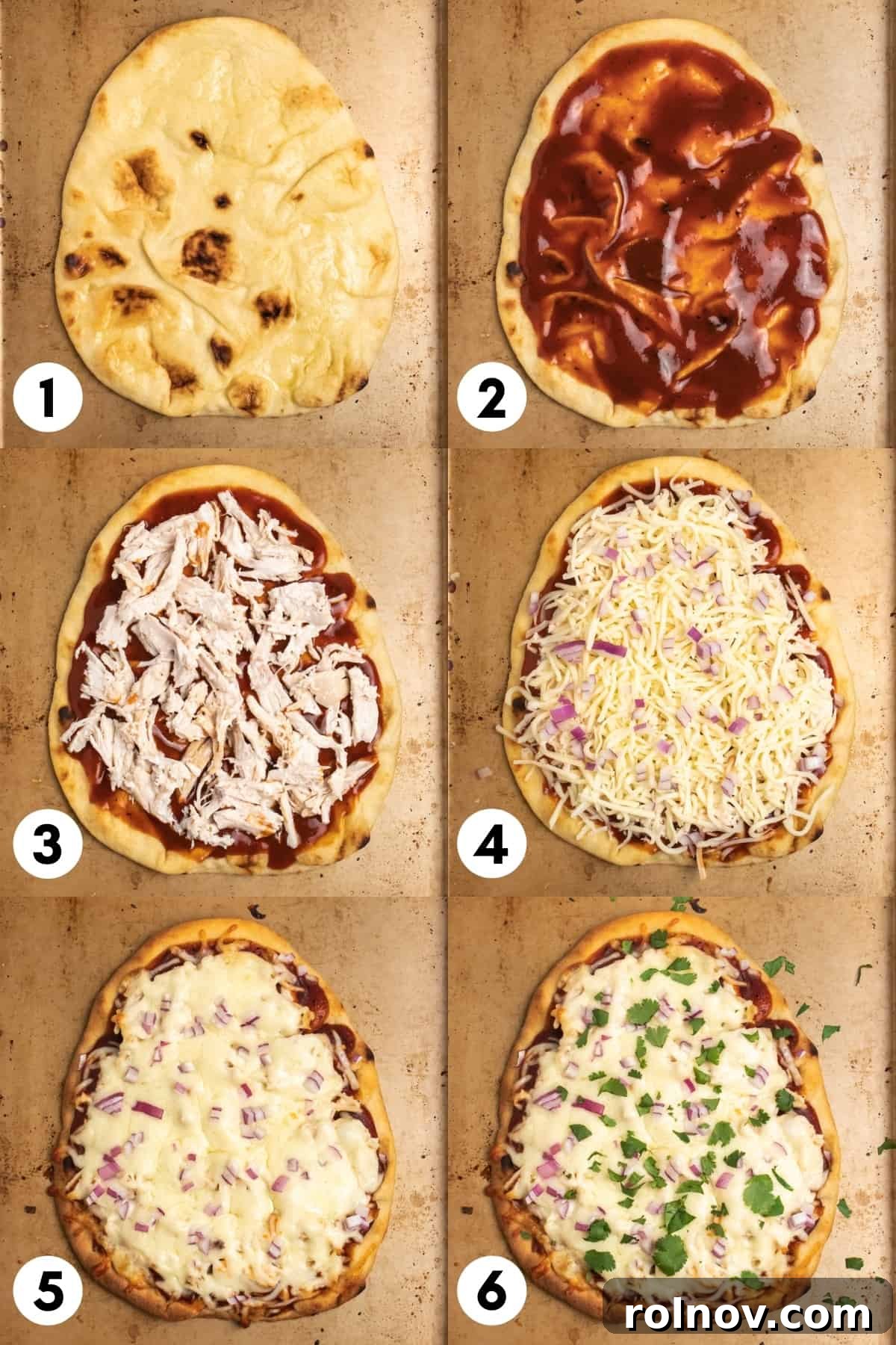 Smoky BBQ Ranch Chicken Flatbread 4 Progression of making BBQ chicken flatbread: naan with BBQ sauce, chicken, cheese, and onion before baking, then after baking with melted cheese and crispy edges.