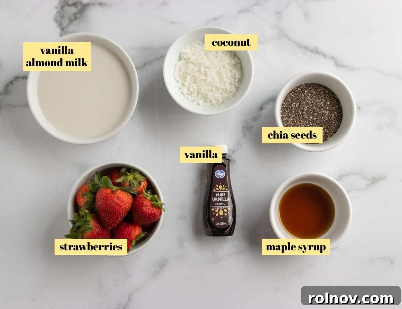 Creamy Coconut Vanilla Chia Pudding with Strawberries 3 Ingredients to make recipe.