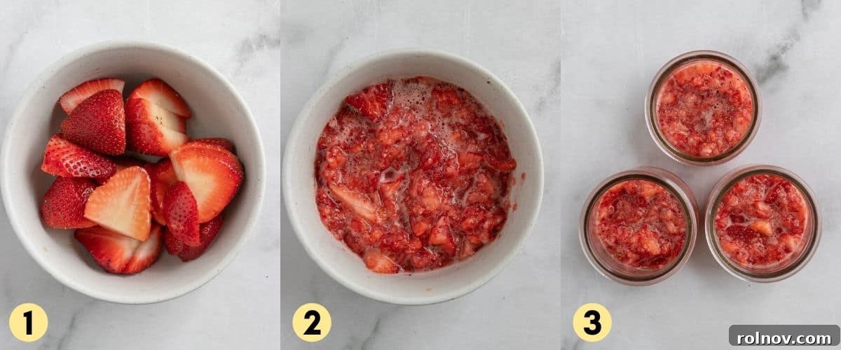 Creamy Coconut Vanilla Chia Pudding with Strawberries 4 Strawberries mashed in bowl.