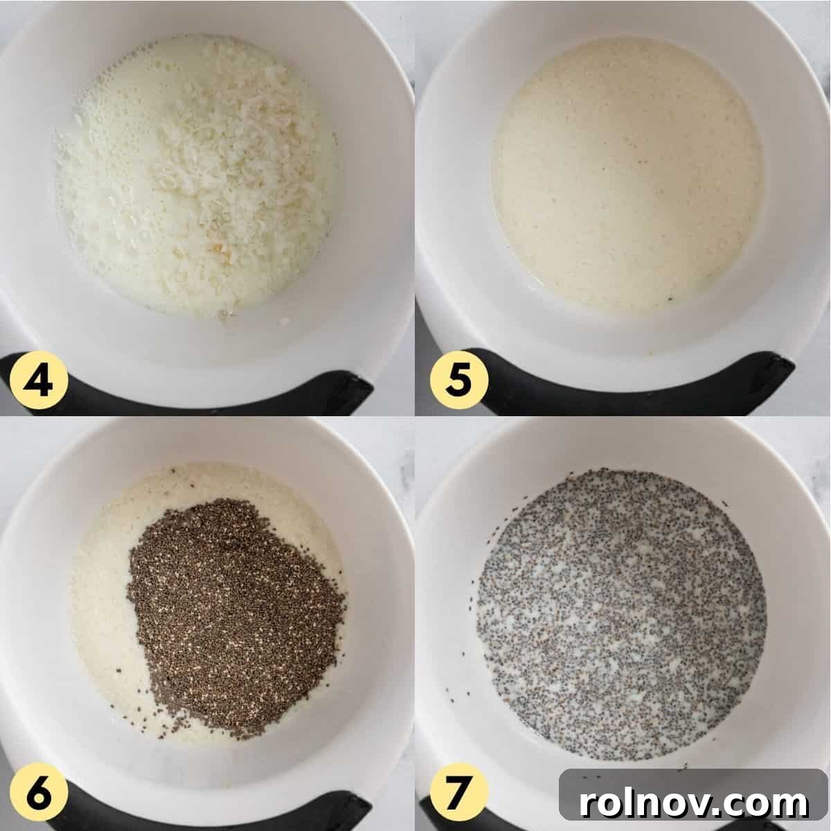 Creamy Coconut Vanilla Chia Pudding with Strawberries 5 Process photos with whisked chia seeds in milk in white bowl.