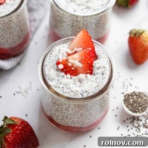 Vanilla Chia Seed Pudding in jar with strawberries.