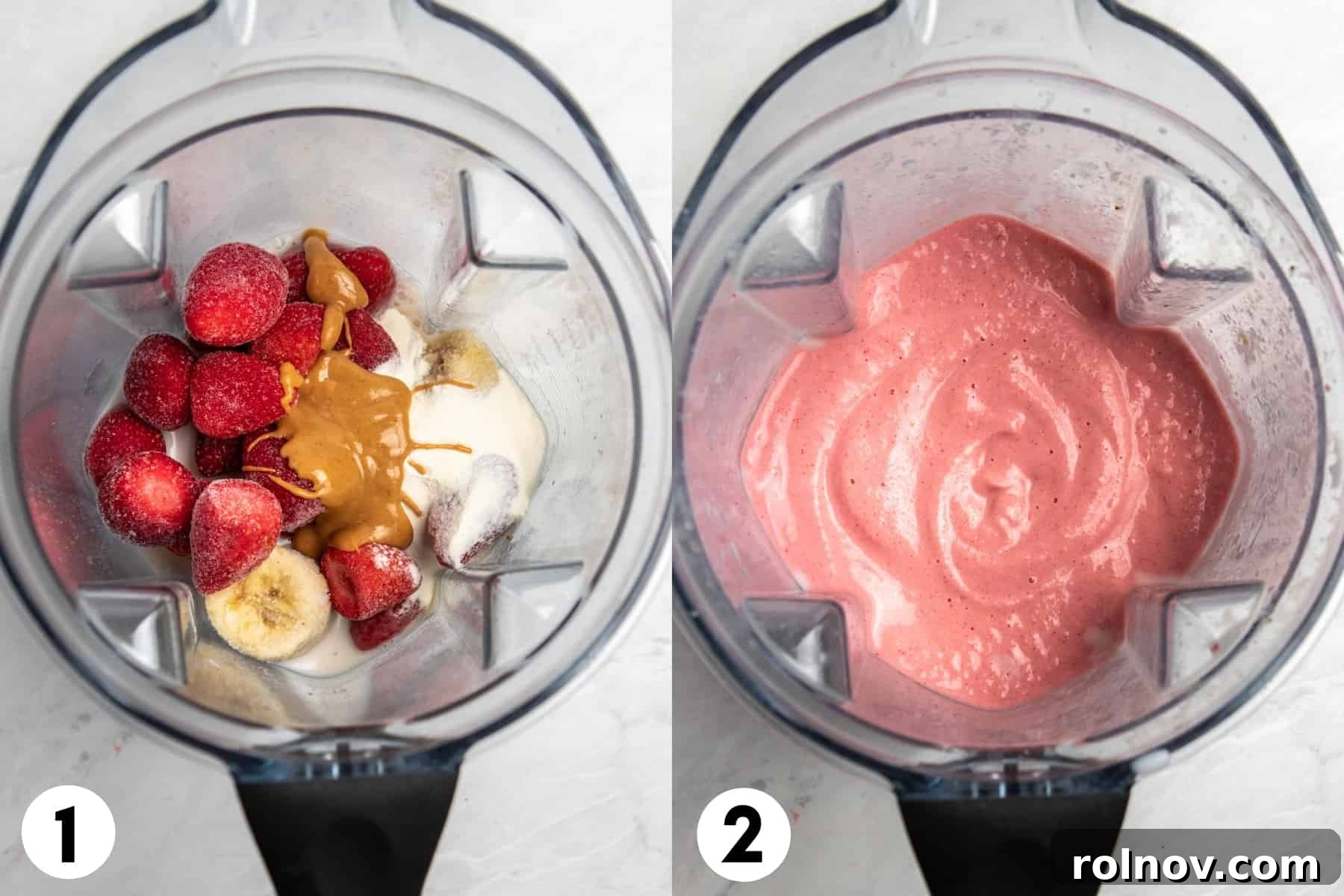 Strawberry Nut Bliss Smoothie 4 Smoothie ingredients in blender before blended and after.