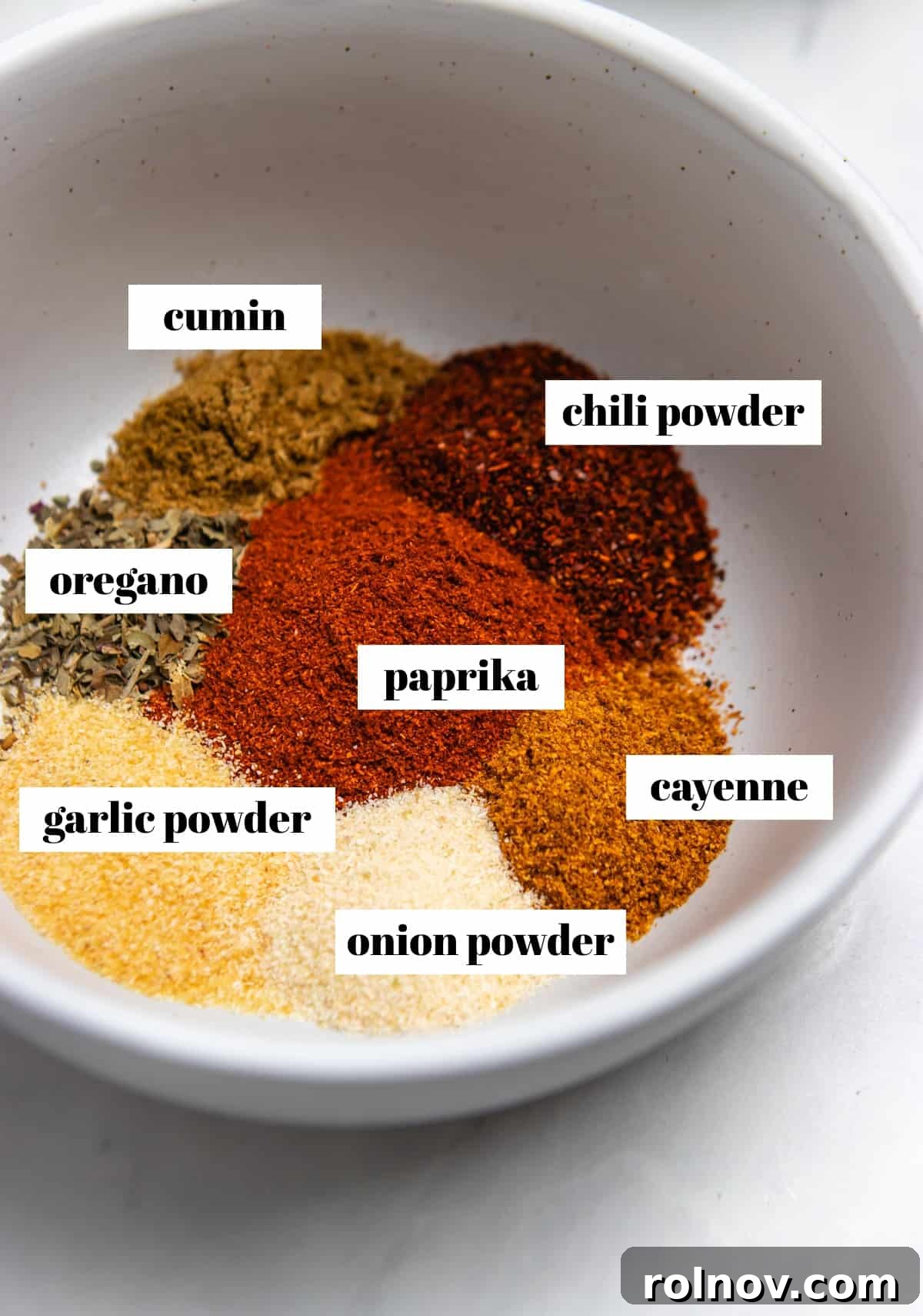 Crispy Air Fried Fish Tacos and Zesty Cilantro Lime Slaw 5 Cayenne, chili powder, oregano, and other spices in bowl.