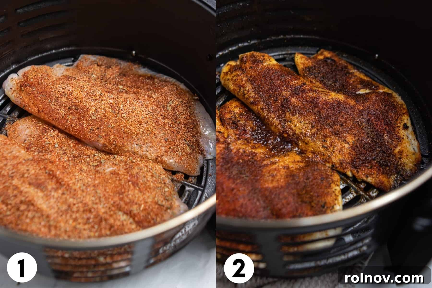 Crispy Air Fried Fish Tacos and Zesty Cilantro Lime Slaw 6 Tilapia in air fryer with spices before and then after air fried.