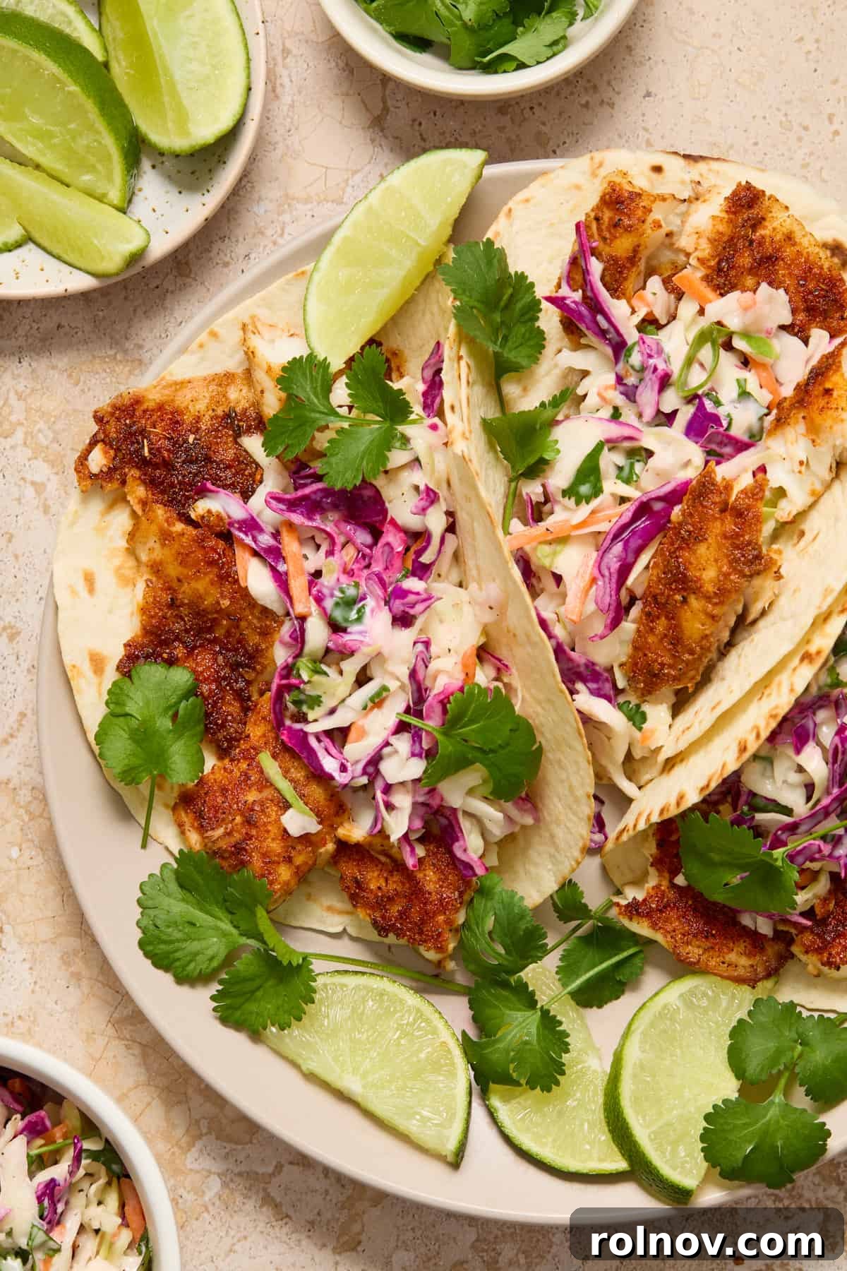 Crispy Air Fried Fish Tacos and Zesty Cilantro Lime Slaw 8 Overhead view of tacos on plate with slaw.
