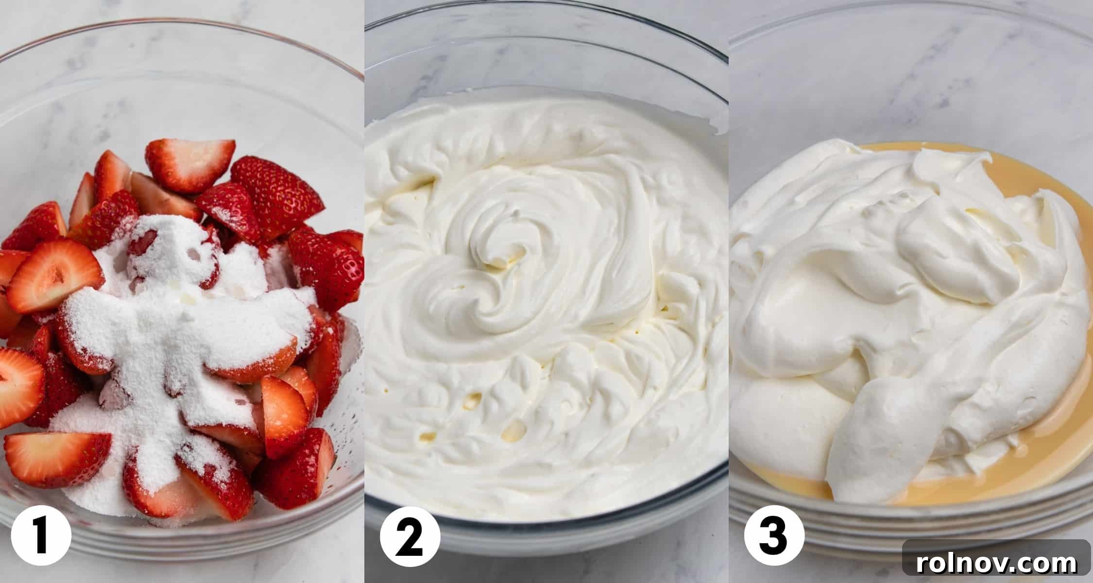 Easy Homemade No-Churn Strawberry Delight 4 A three-panel image showing the preparation steps: first, fresh strawberries being mixed with sugar and lemon juice; second, heavy cream being whipped to stiff peaks; and third, the whipped cream gently folded into a bowl of sweetened condensed milk.
