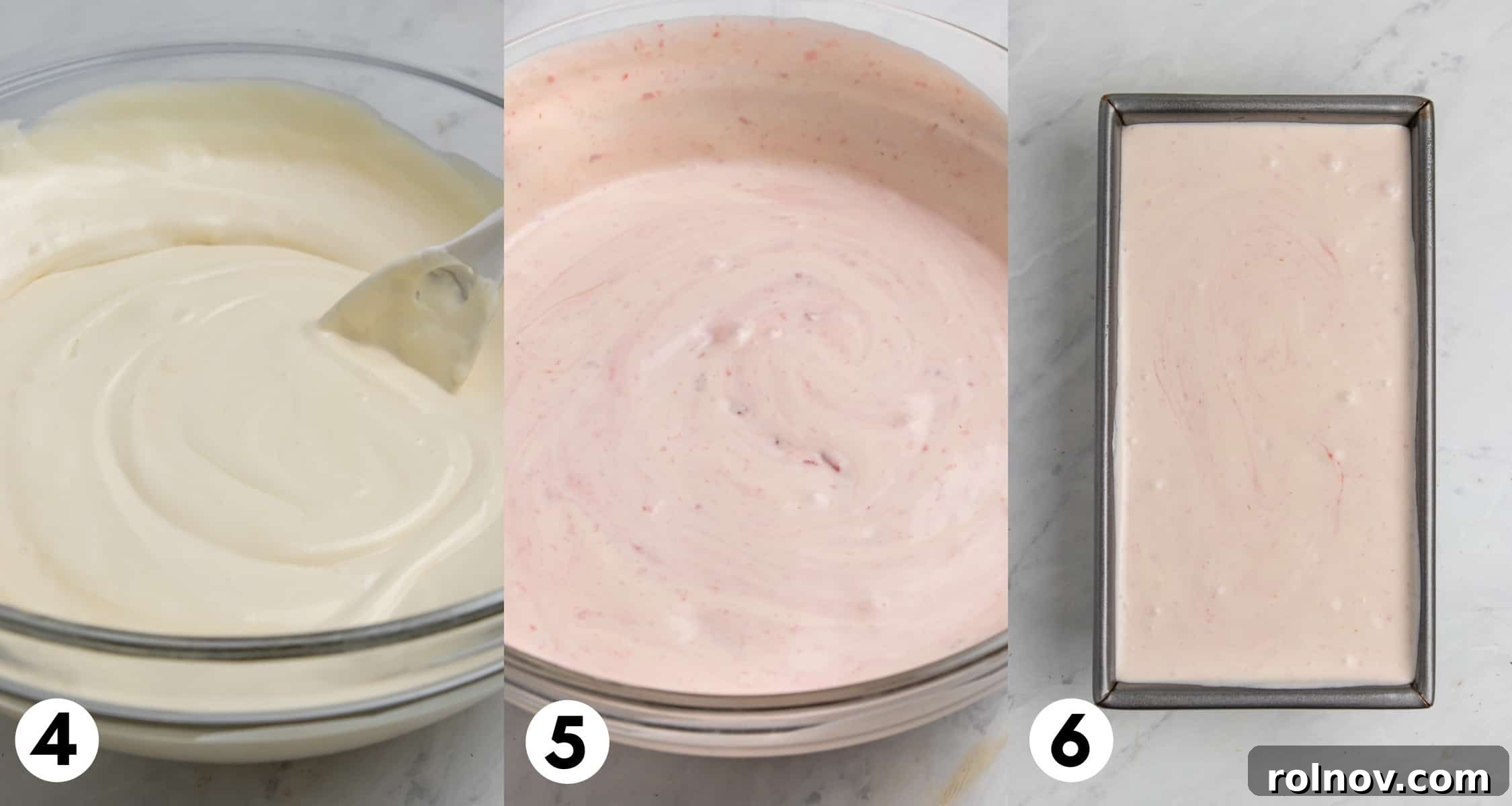 Easy Homemade No-Churn Strawberry Delight 5 A two-panel image illustrating the final steps: first, the combined strawberry ice cream mixture in a mixing bowl; second, the mixture carefully transferred into a bread loaf pan, ready for freezing.