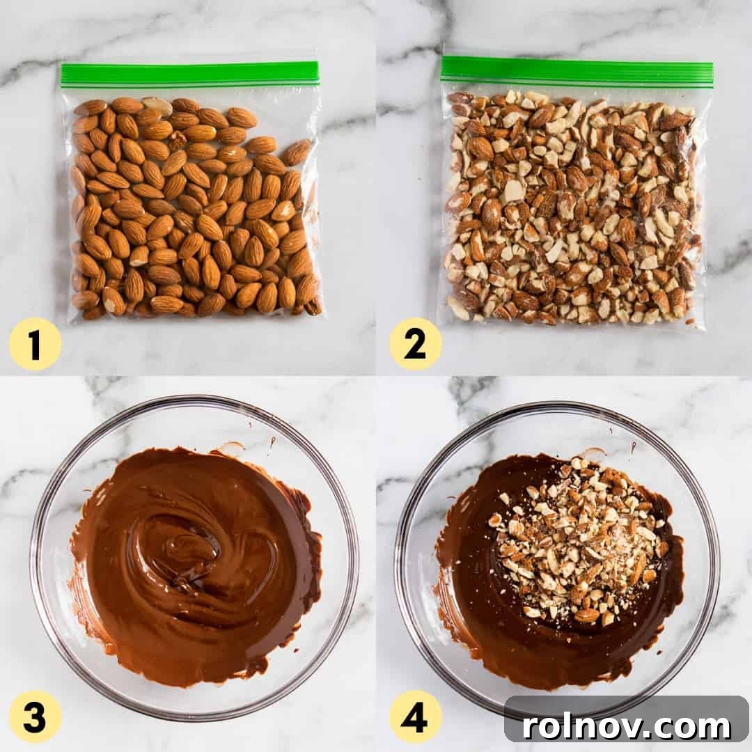 Sweet and Salty Dark Chocolate Almond Bark Thins 5 Process shots for bark thins recipe, showing almonds being crushed and chocolate melting.