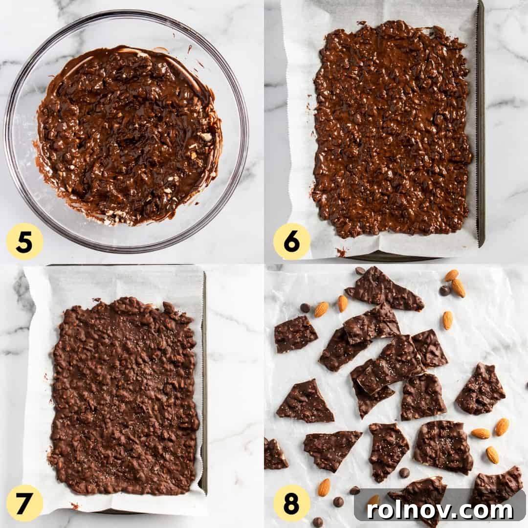 Sweet and Salty Dark Chocolate Almond Bark Thins 6 Set of process shots for the chocolate bark recipe, showing the mixture being spread on parchment paper and then broken into pieces.