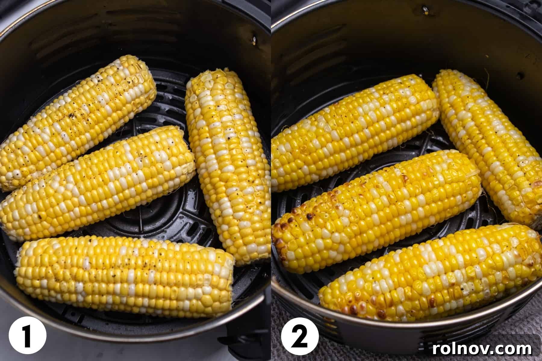 Air Fried Corn on the Cob with Zesty Cilantro Lime Butter Glaze 4 Two images side by side showing corn in an air fryer basket: one before air frying, raw and oiled, and one after, perfectly browned and cooked.