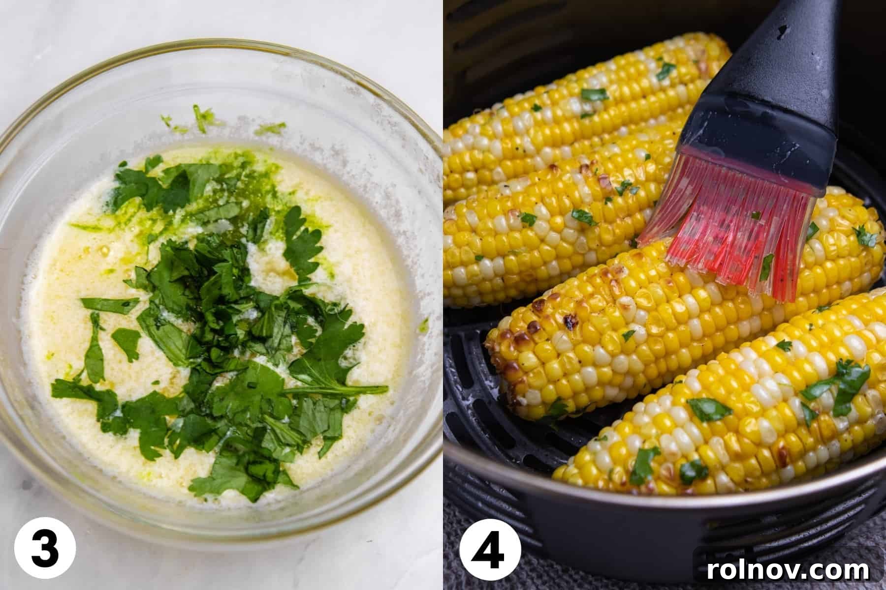 Air Fried Corn on the Cob with Zesty Cilantro Lime Butter Glaze 5 Two images side by side: one showing cilantro lime butter sauce in a small bowl, and the other showing the sauce being brushed onto a cooked ear of corn.