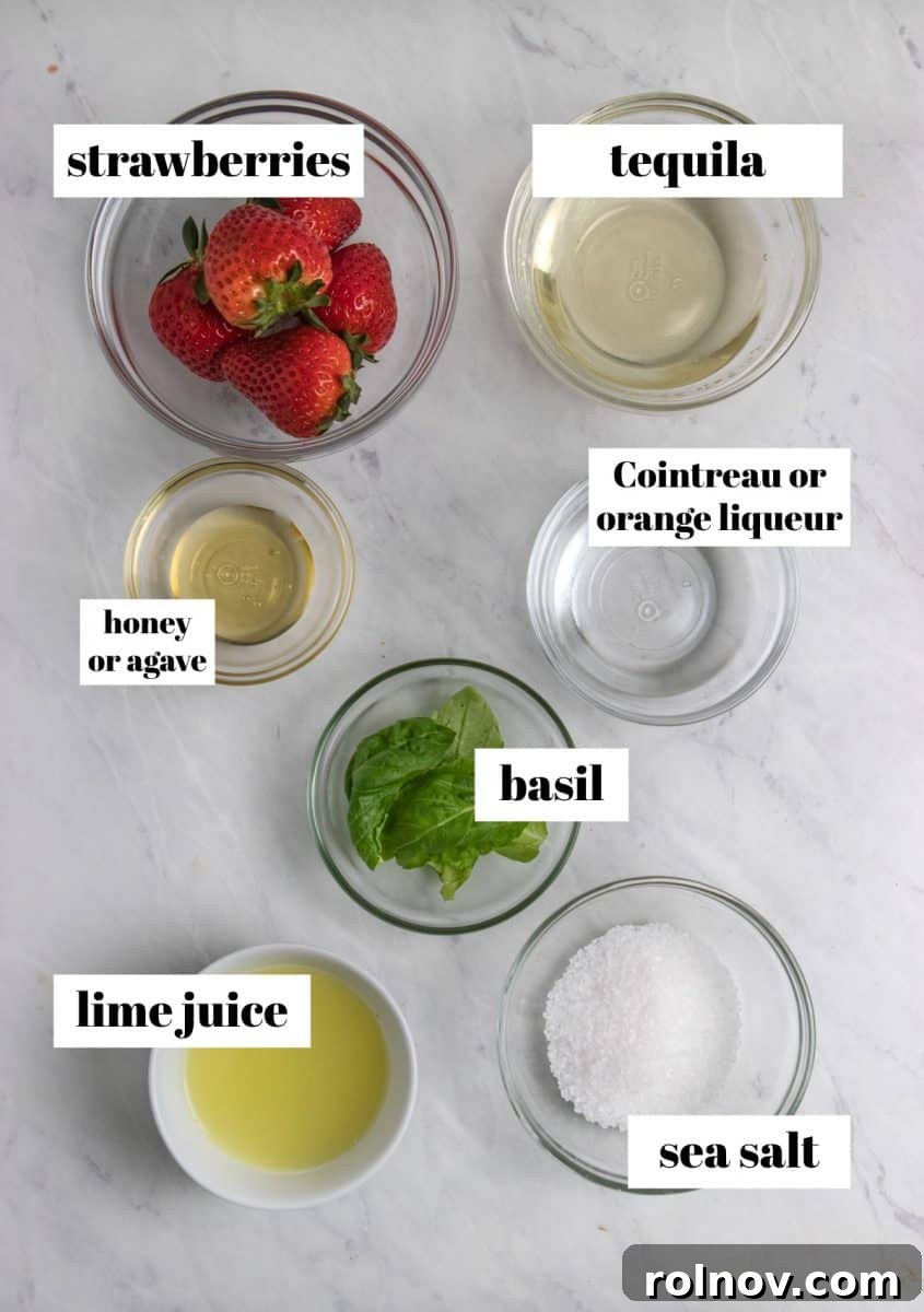 Garden Fresh Strawberry Basil Margarita 3 Strawberries, basil, sea salt, honey and other ingredients to make cocktail.