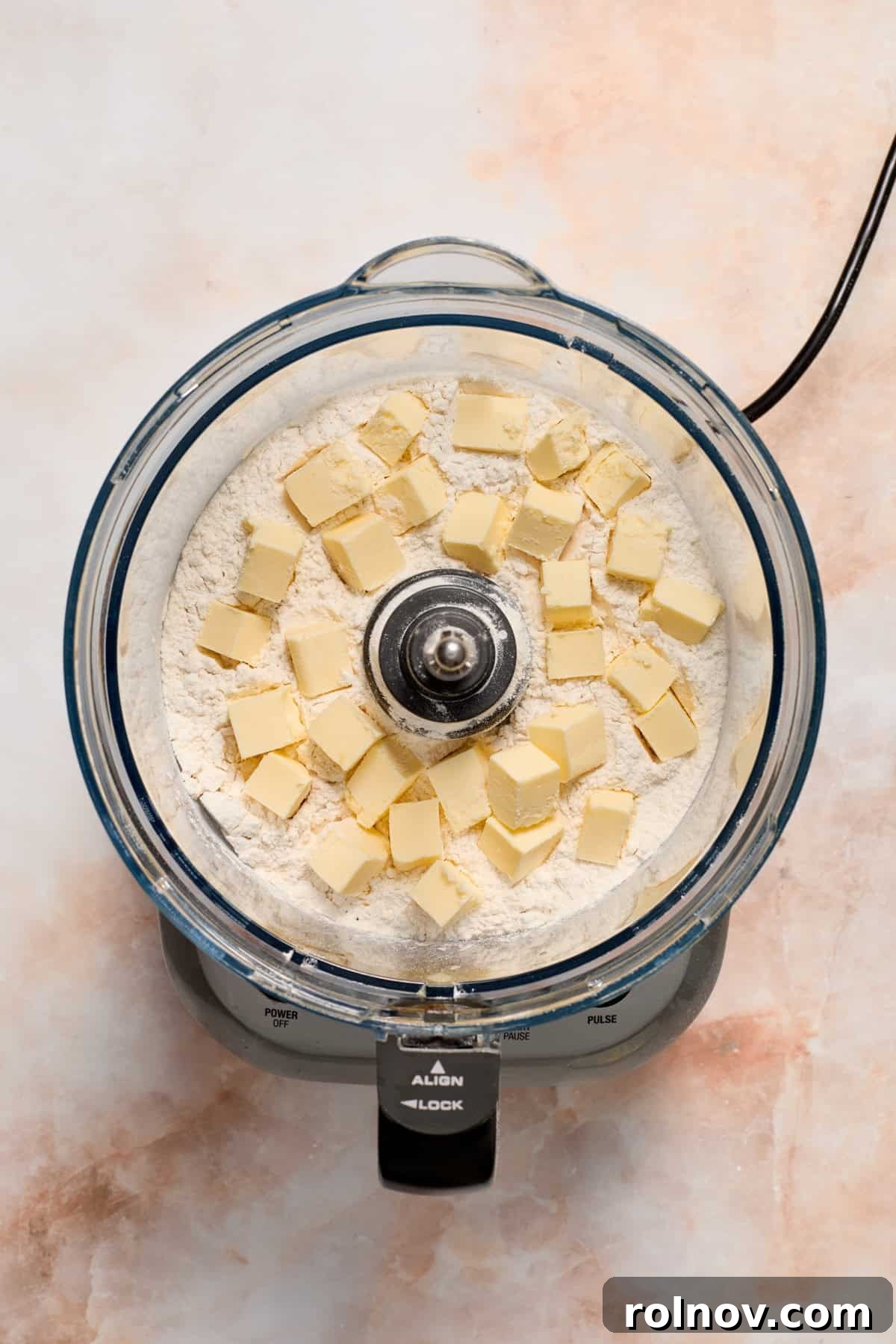 Sun-Kissed Peach Strawberry Shortcake 5 Cubed butter in food processor with flour mixture.