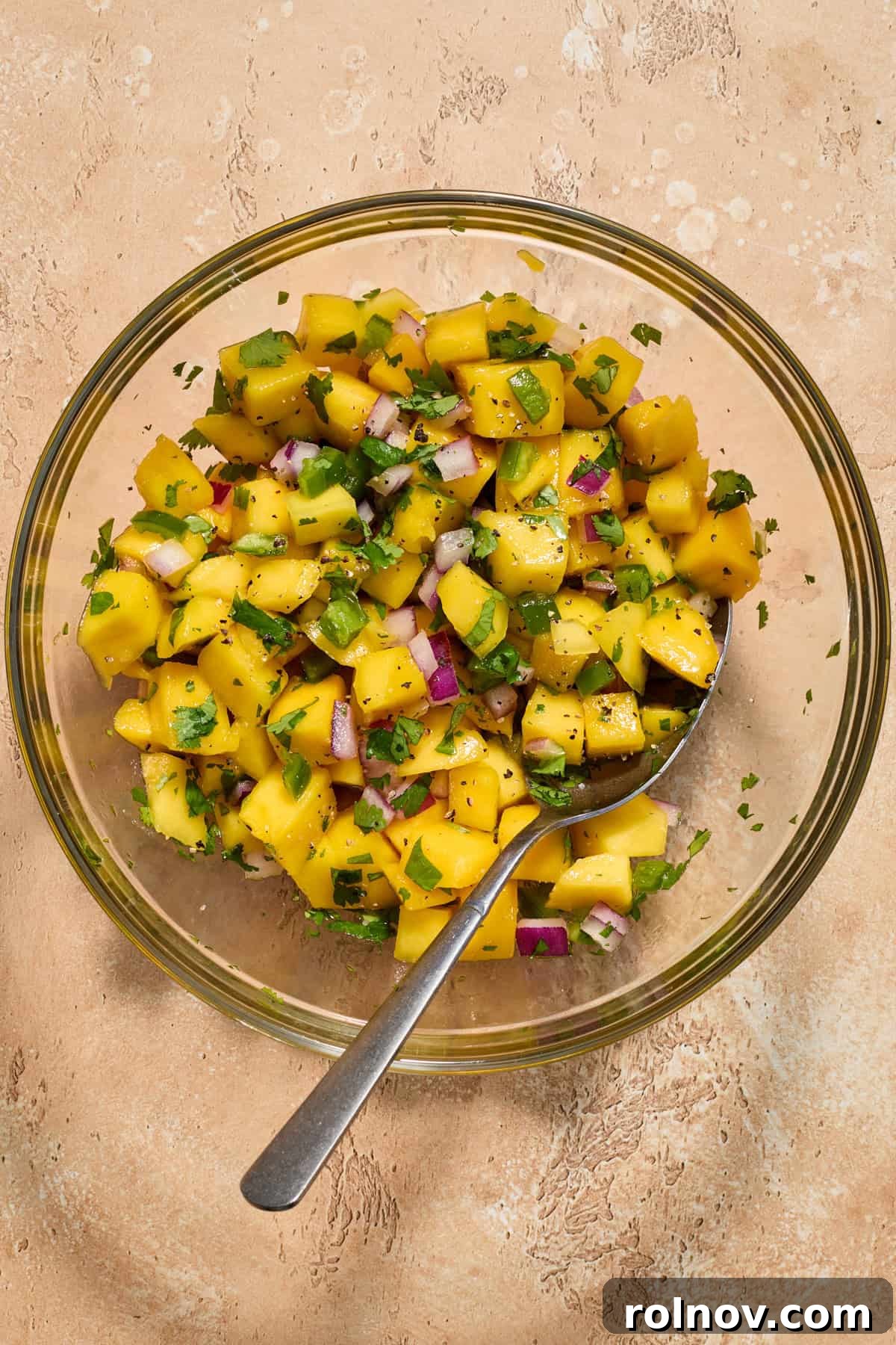 Tropical Shrimp Tacos with Mango Salsa 10 A close-up shot of the perfectly prepared and mixed mango salsa, vibrant and ready to serve.