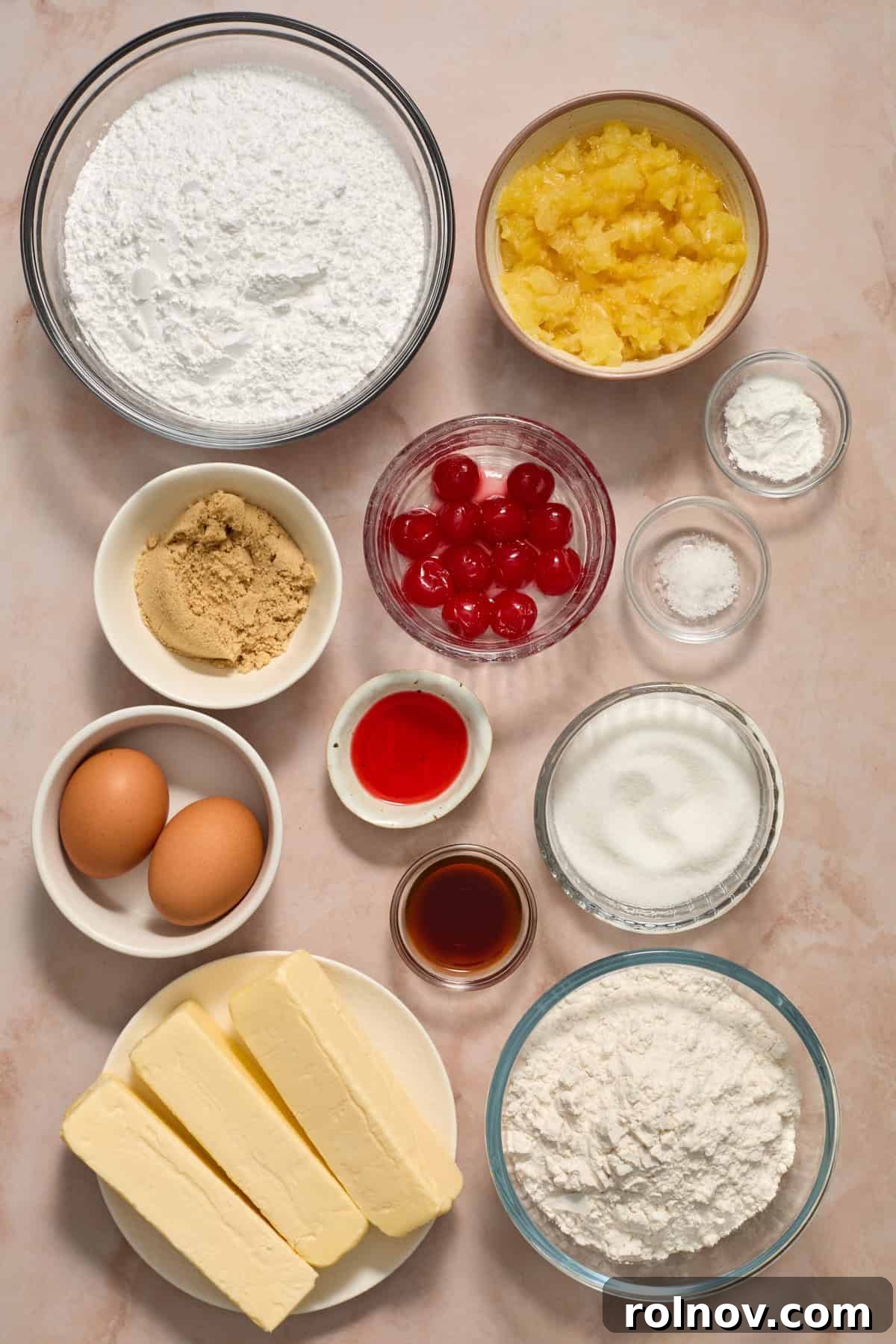 Golden Pineapple Cherry Bliss 3 Crushed pineapple, eggs, butter, flour and other ingredients for recipe.