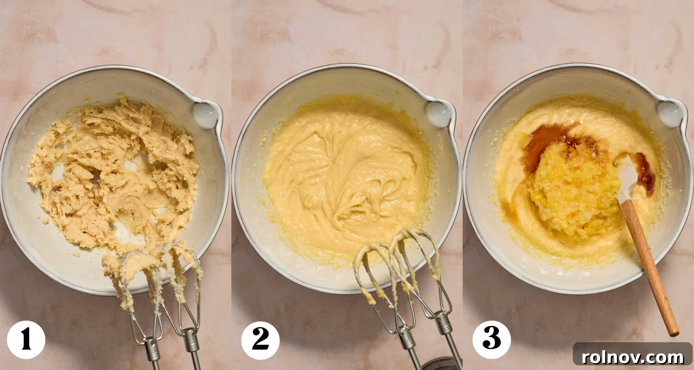 Golden Pineapple Cherry Bliss 4 Creamed butter and sugar in mixing bowl and then other ingredients added to the bowl.