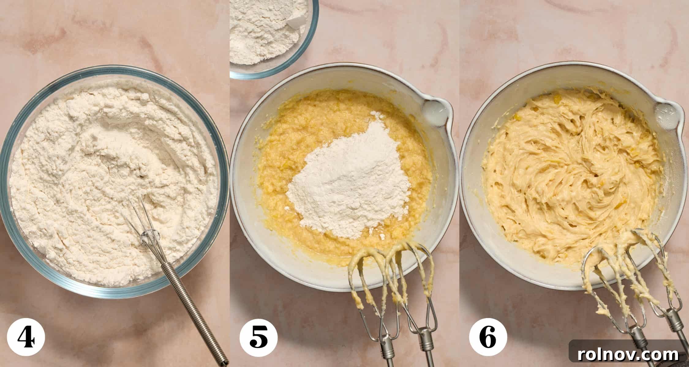 Golden Pineapple Cherry Bliss 5 Cupcake process photos showing dry ingredients added in.