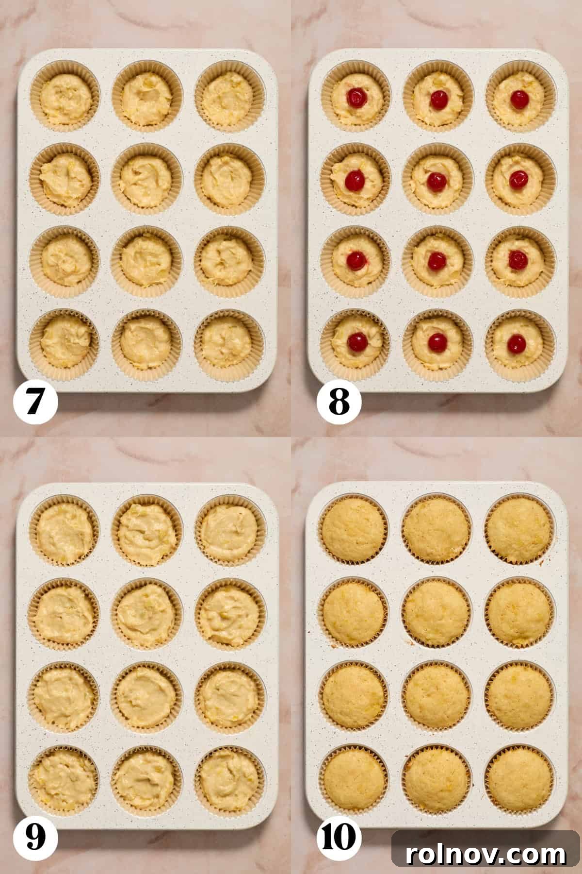 Golden Pineapple Cherry Bliss 6 Pineapple cupcake batter in muffin tin before and after baking with hidden maraschino cherries in the middle.