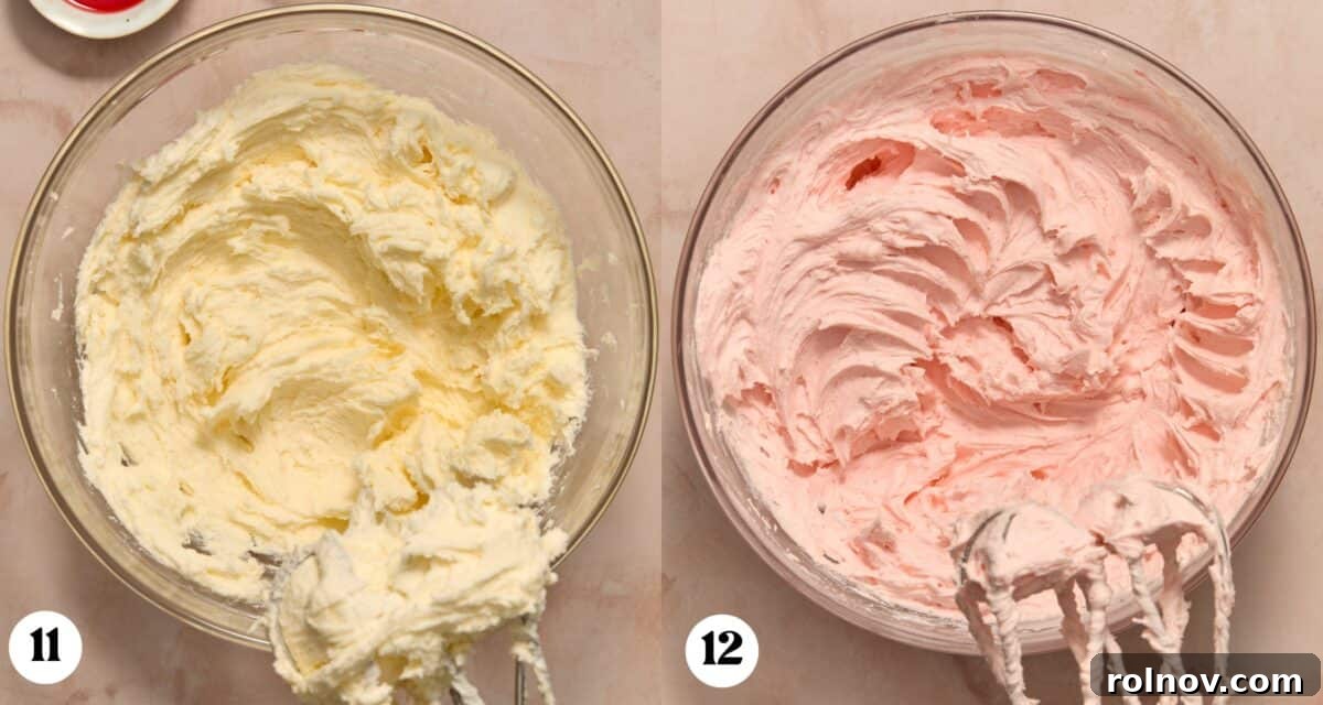 Golden Pineapple Cherry Bliss 7 Cherry buttercream frosting being mixed together in mixing bowl.