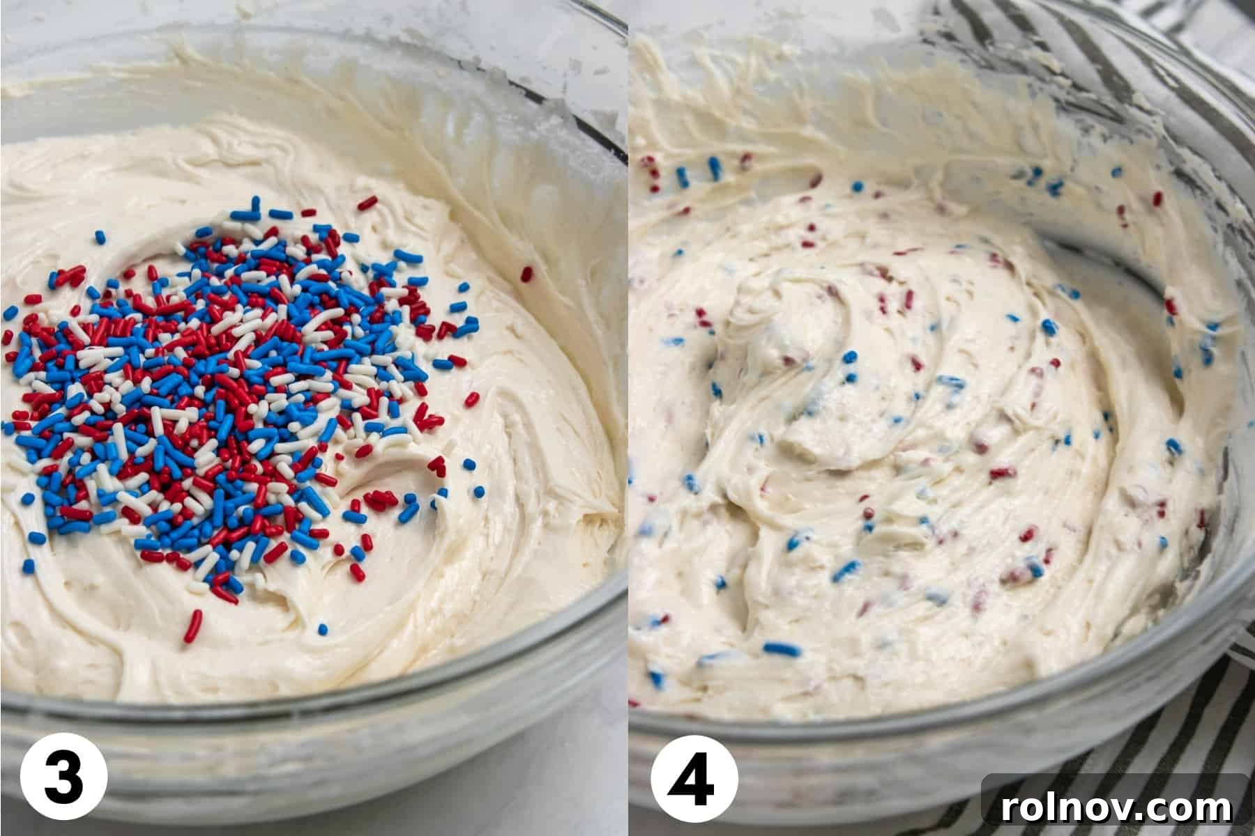 Celebration Funfetti Dip 7 Sprinkles on top of funfetti cake dip batter before and then after stirring in.