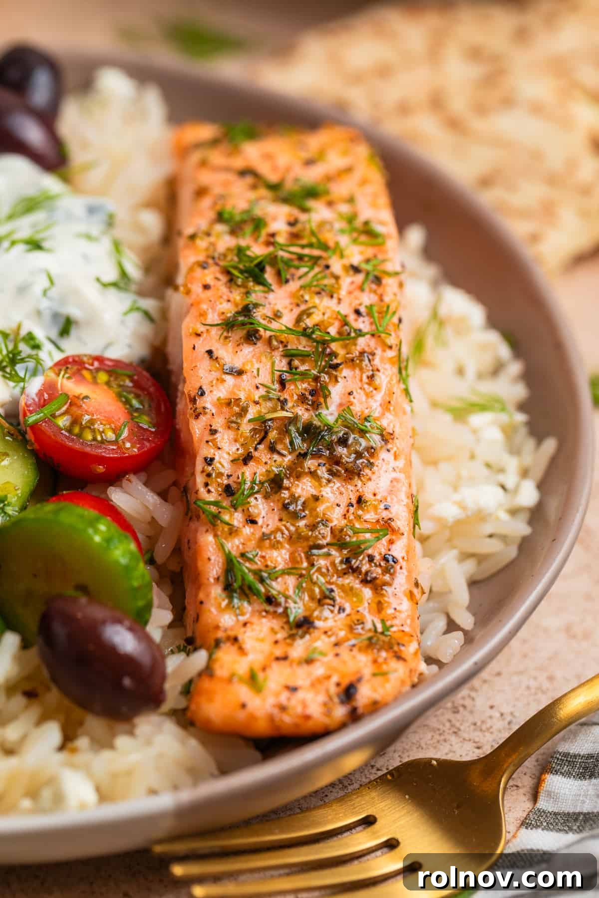 Zesty Greek Salmon & Herb Rice Bowls 2 Greek salmon over a bed of rice with cucumbers, tomatoes, tzatziki sauce and other toppings.