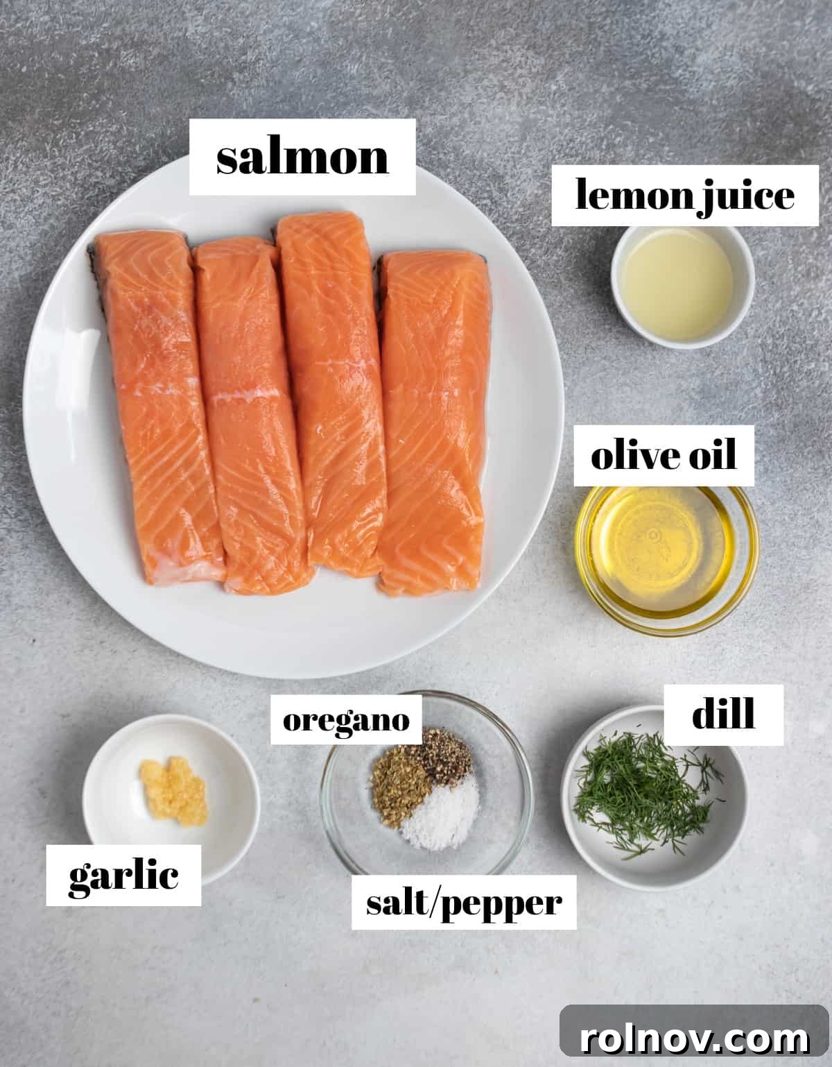 Zesty Greek Salmon & Herb Rice Bowls 3 Salmon, lemon juice, dill, spices and other ingredients labeled on counter.